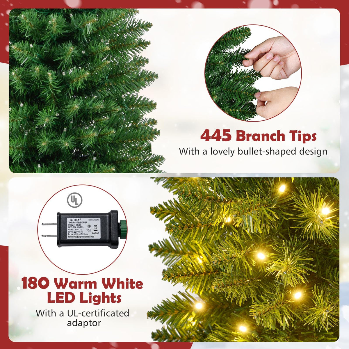 5/6/7/8/9 Feet Pre-lit Pencil Artificial Christmas Tree with 150/180/200//300/400 Warm White LED Lights-6 ft-Christmas Trees-DECOROLALA