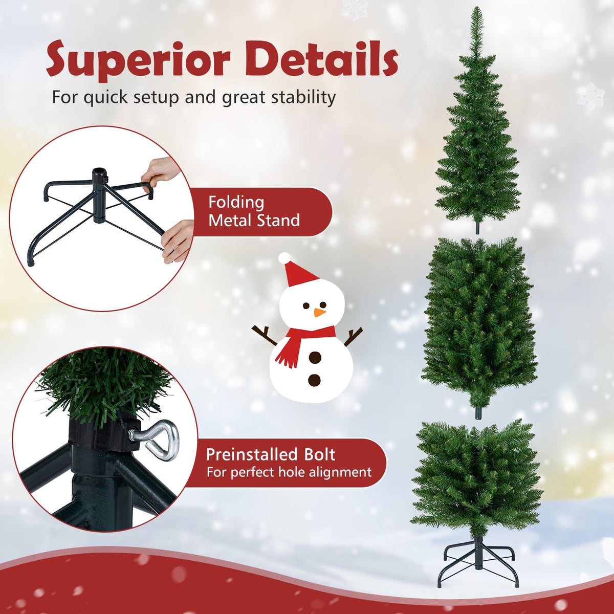 5/6/7/8/9 Feet Pre-lit Pencil Artificial Christmas Tree with 150/180/200//300/400 Warm White LED Lights-6 ft-Christmas Trees-DECOROLALA