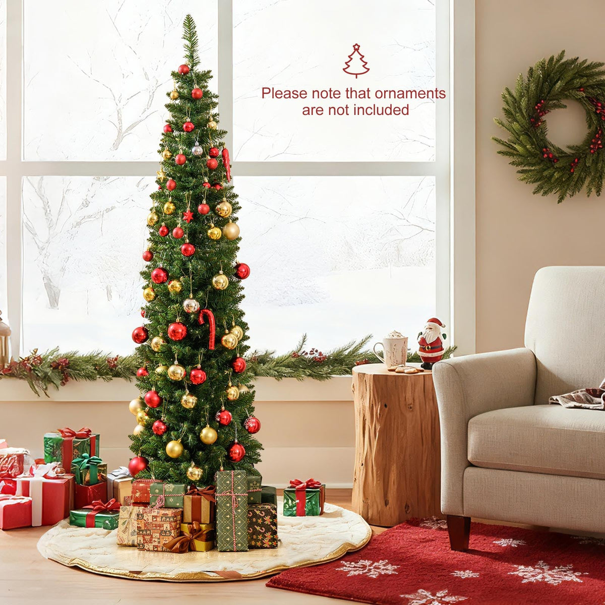 5/6/7/8/9 Feet Pre-lit Pencil Artificial Christmas Tree with 150/180/200//300/400 Warm White LED Lights-6 ft-Christmas Trees-DECOROLALA