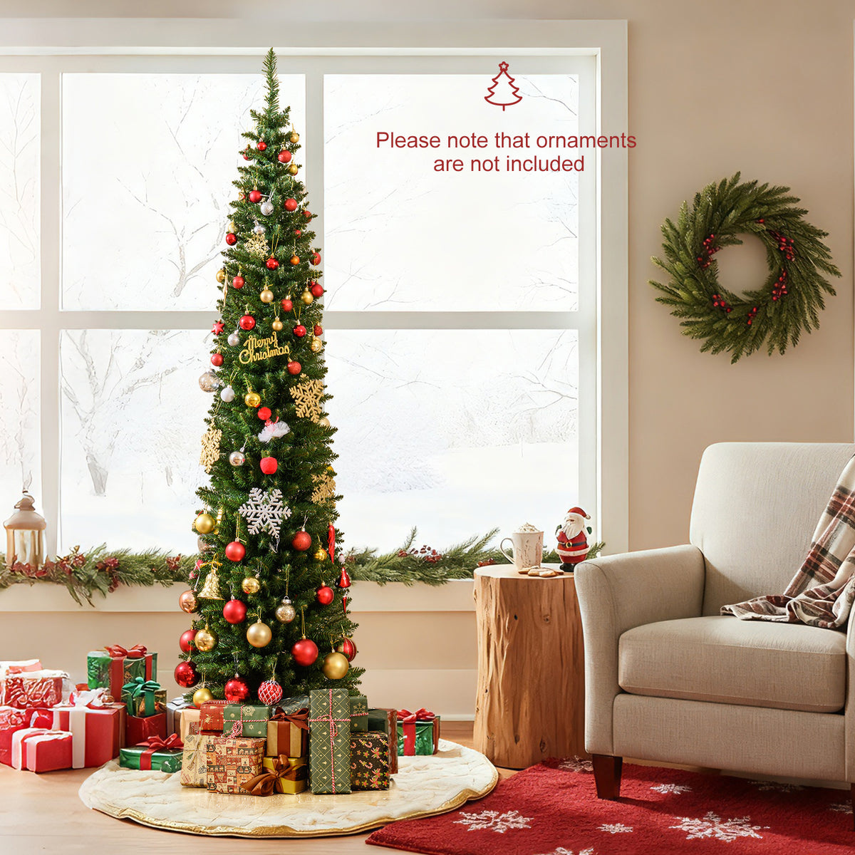 5/6/7/8/9 Feet Pre-lit Pencil Artificial Christmas Tree with 150/180/200//300/400 Warm White LED Lights-7 ft-Christmas Trees-DECOROLALA