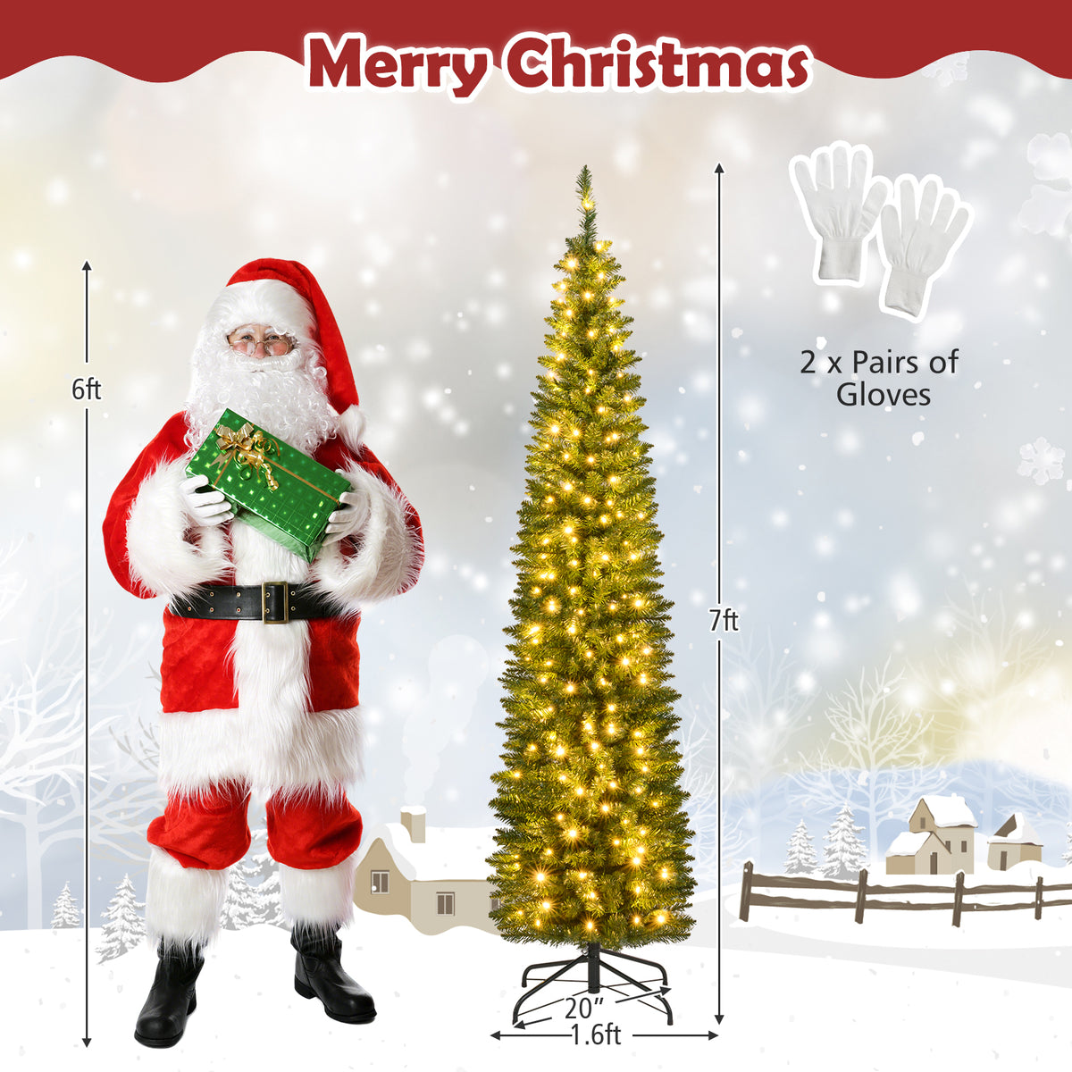 5/6/7/8/9 Feet Pre-lit Pencil Artificial Christmas Tree with 150/180/200//300/400 Warm White LED Lights-7 ft-Christmas Trees-DECOROLALA