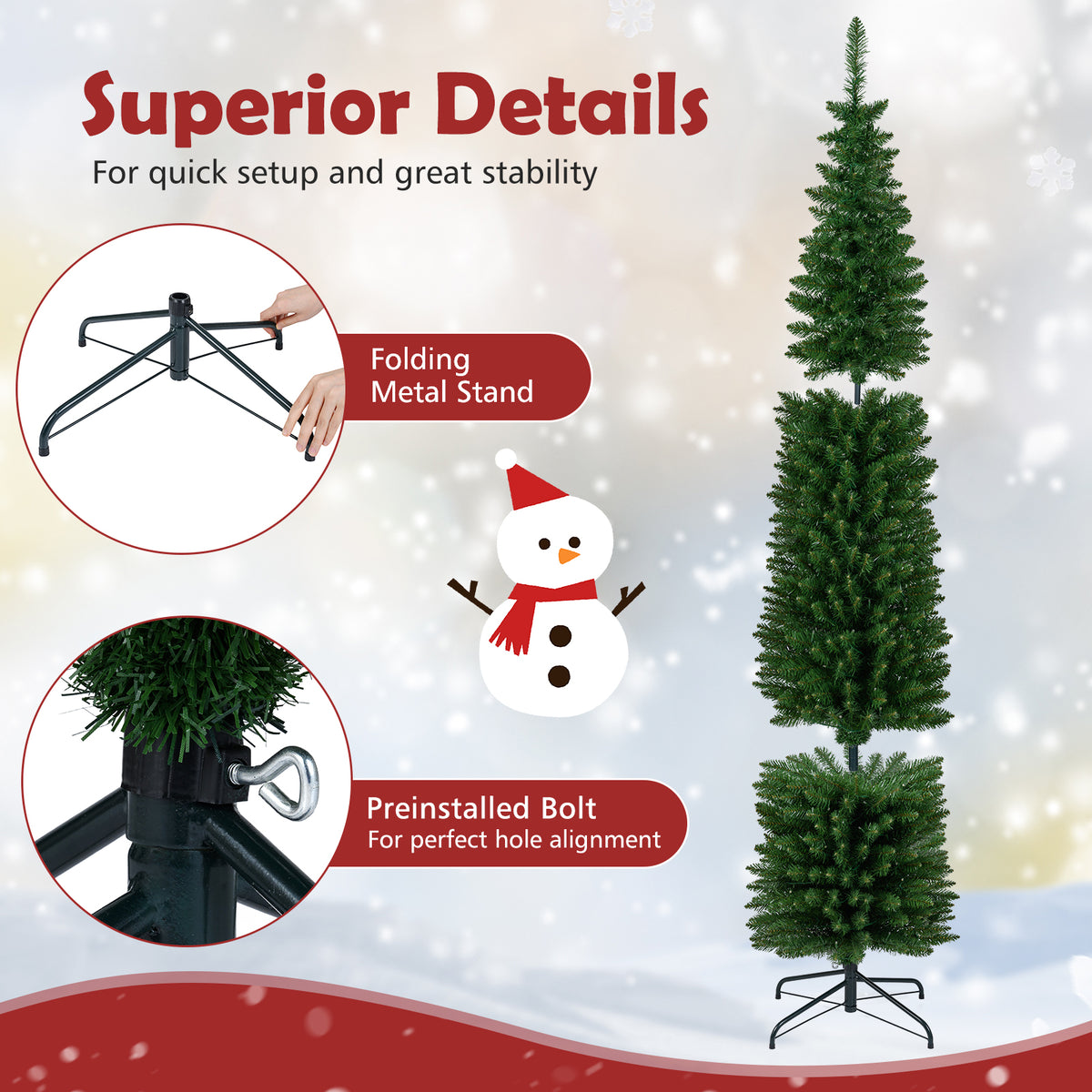 5/6/7/8/9 Feet Pre-lit Pencil Artificial Christmas Tree with 150/180/200//300/400 Warm White LED Lights-7 ft-Christmas Trees-DECOROLALA