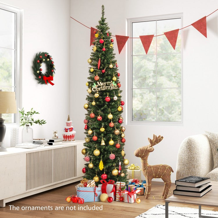 5/6/7/8/9 Feet Pre-lit Pencil Artificial Christmas Tree with 150/180/200//300/400 Warm White LED Lights-8 ft-Christmas Trees-DECOROLALA