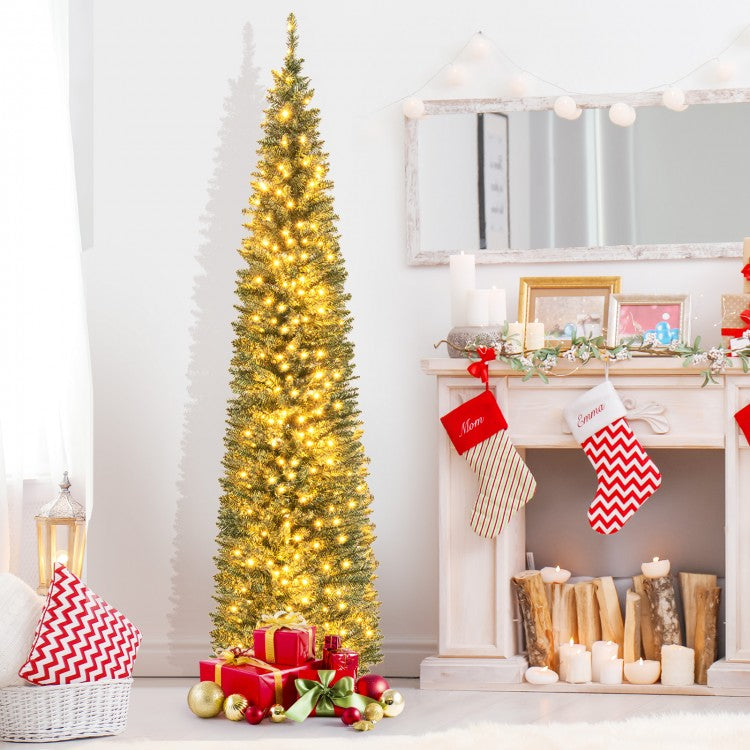 5/6/7/8/9 Feet Pre-lit Pencil Artificial Christmas Tree with 150/180/200//300/400 Warm White LED Lights-8 ft-Christmas Trees-DECOROLALA
