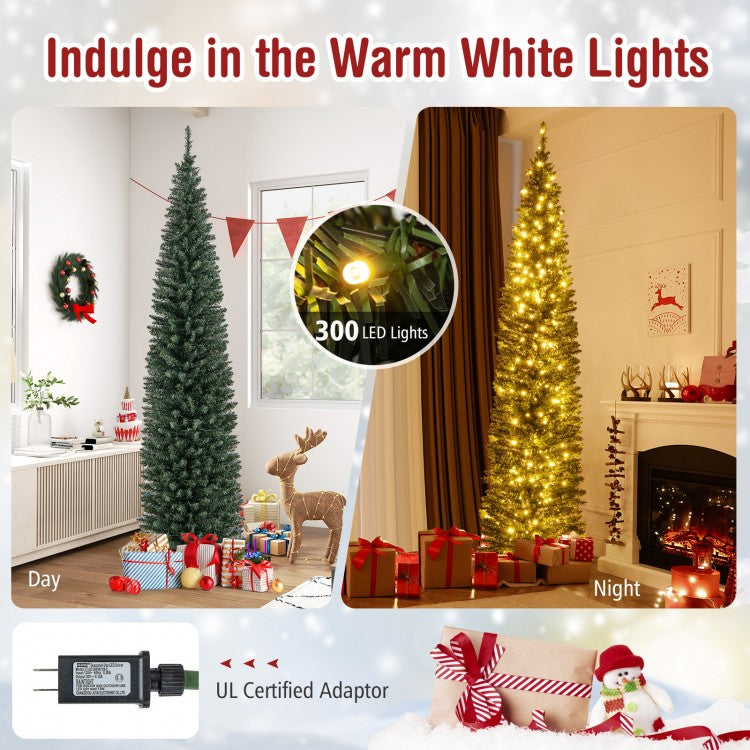 5/6/7/8/9 Feet Pre-lit Pencil Artificial Christmas Tree with 150/180/200//300/400 Warm White LED Lights-8 ft-Christmas Trees-DECOROLALA