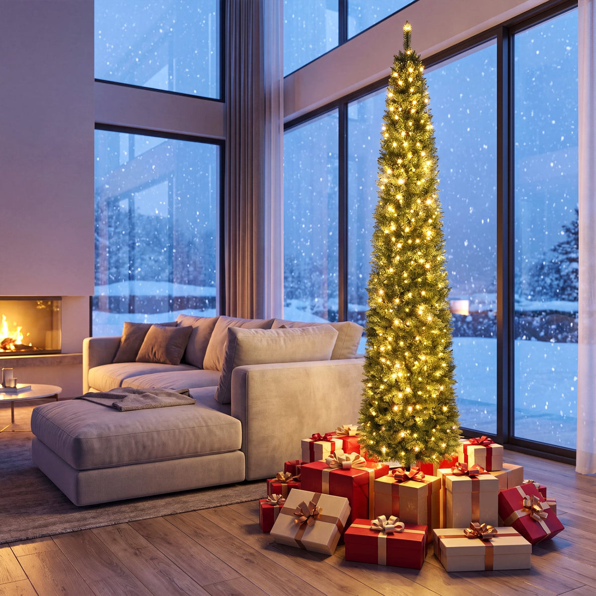 5/6/7/8/9 Feet Pre-lit Pencil Artificial Christmas Tree with 150/180/200//300/400 Warm White LED Lights-9 ft-Christmas Trees-DECOROLALA