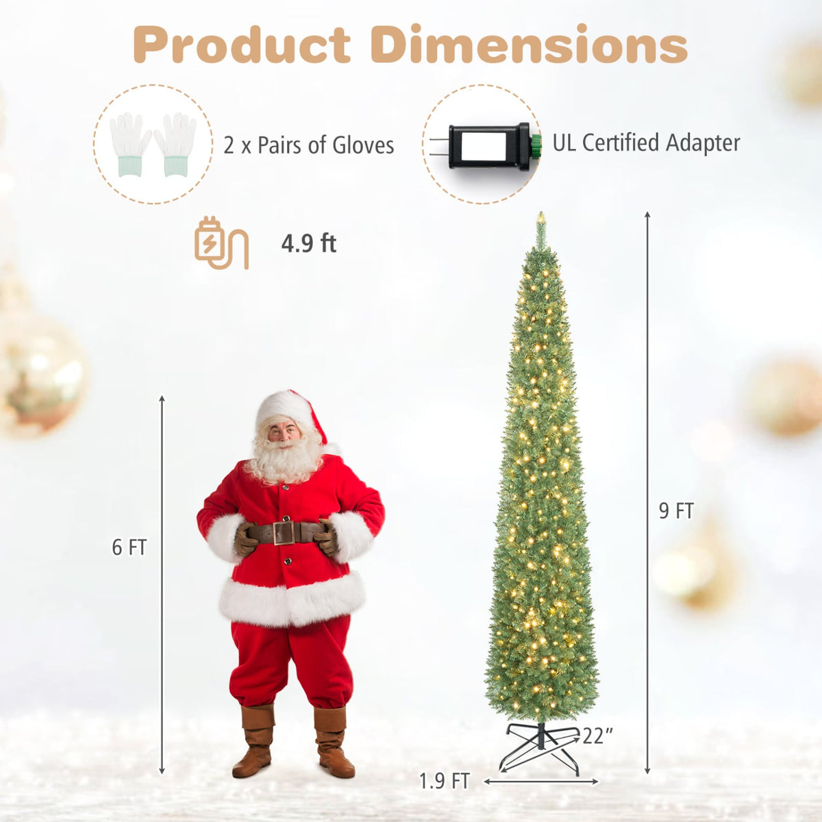5/6/7/8/9 Feet Pre-lit Pencil Artificial Christmas Tree with 150/180/200//300/400 Warm White LED Lights-9 ft-Christmas Trees-DECOROLALA