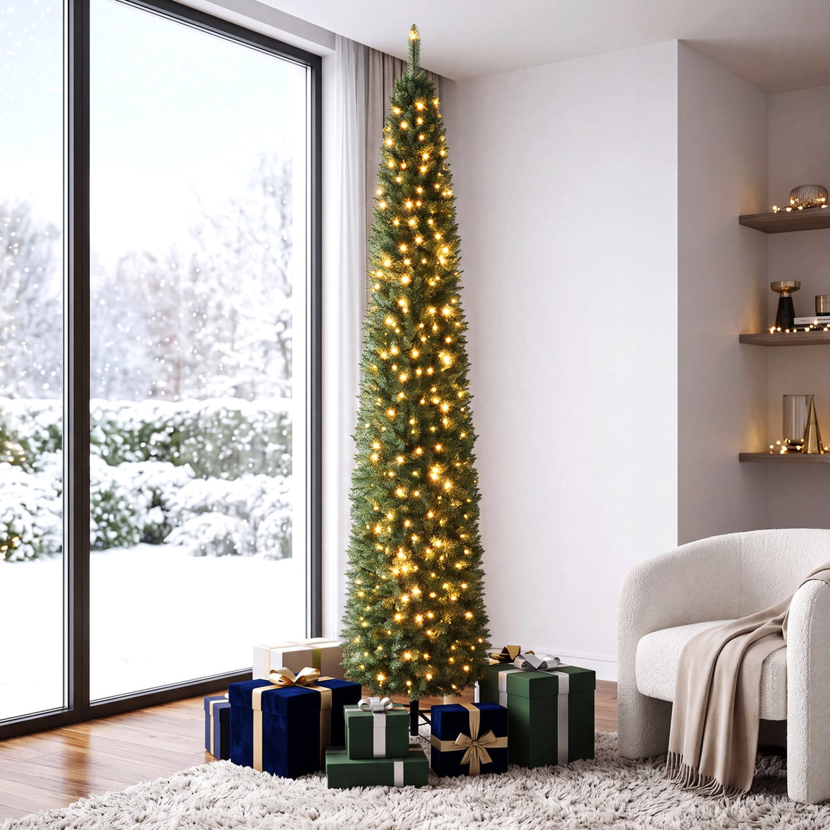 5/6/7/8/9 Feet Pre-lit Pencil Artificial Christmas Tree with 150/180/200//300/400 Warm White LED Lights-9 ft-Christmas Trees-DECOROLALA