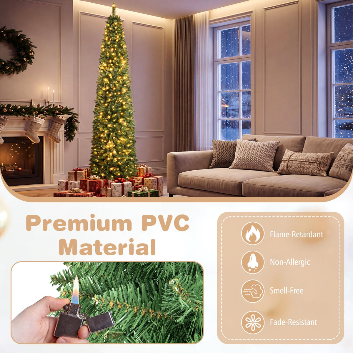 5/6/7/8/9 Feet Pre-lit Pencil Artificial Christmas Tree with 150/180/200//300/400 Warm White LED Lights-9 ft-Christmas Trees-DECOROLALA