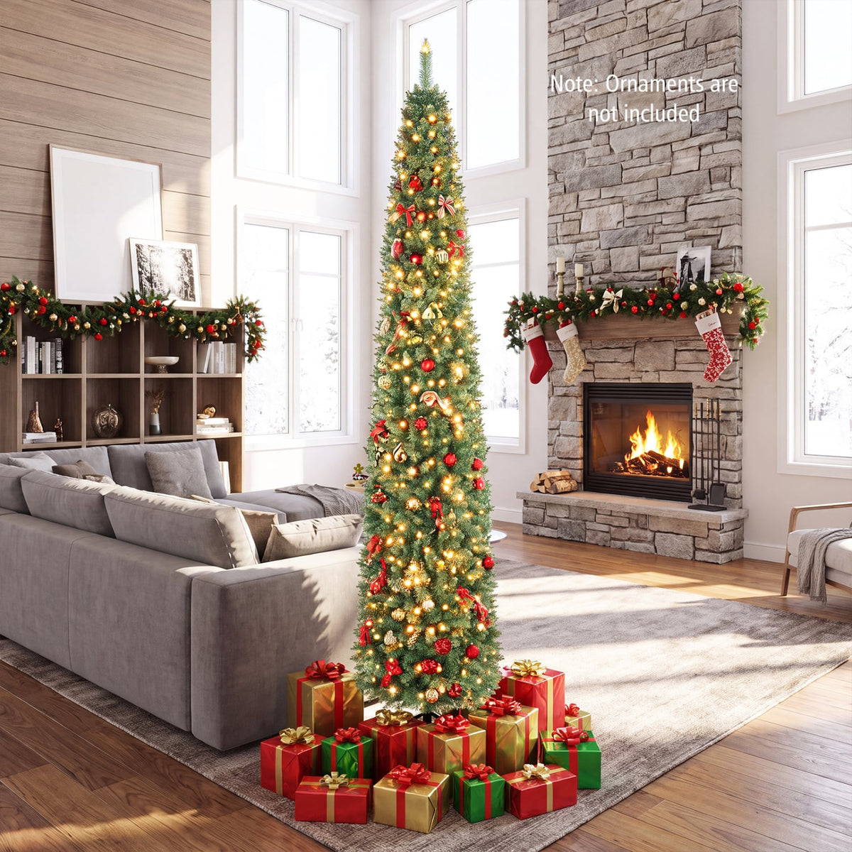 5/6/7/8/9 Feet Pre-lit Pencil Artificial Christmas Tree with 150/180/200//300/400 Warm White LED Lights-9 ft-Christmas Trees-DECOROLALA