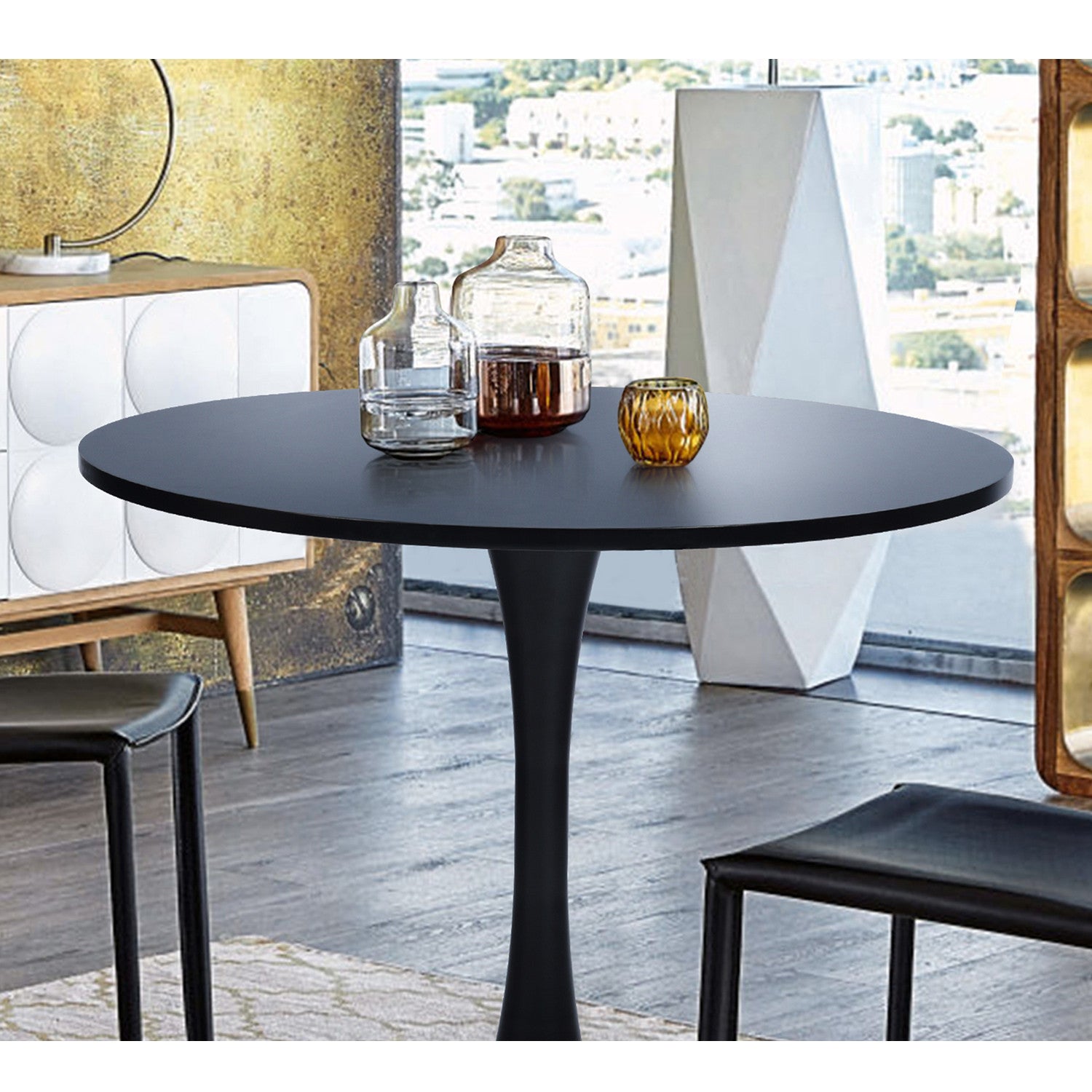 32" Black Wood Pedestal Base Round Top Dining Table-7