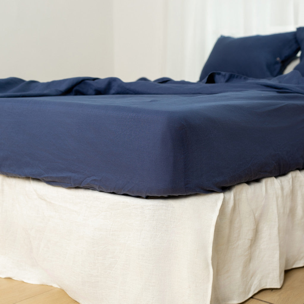 Navy Blue Linen King Fitted Sheet-Bed Sheets-DECOROLALA