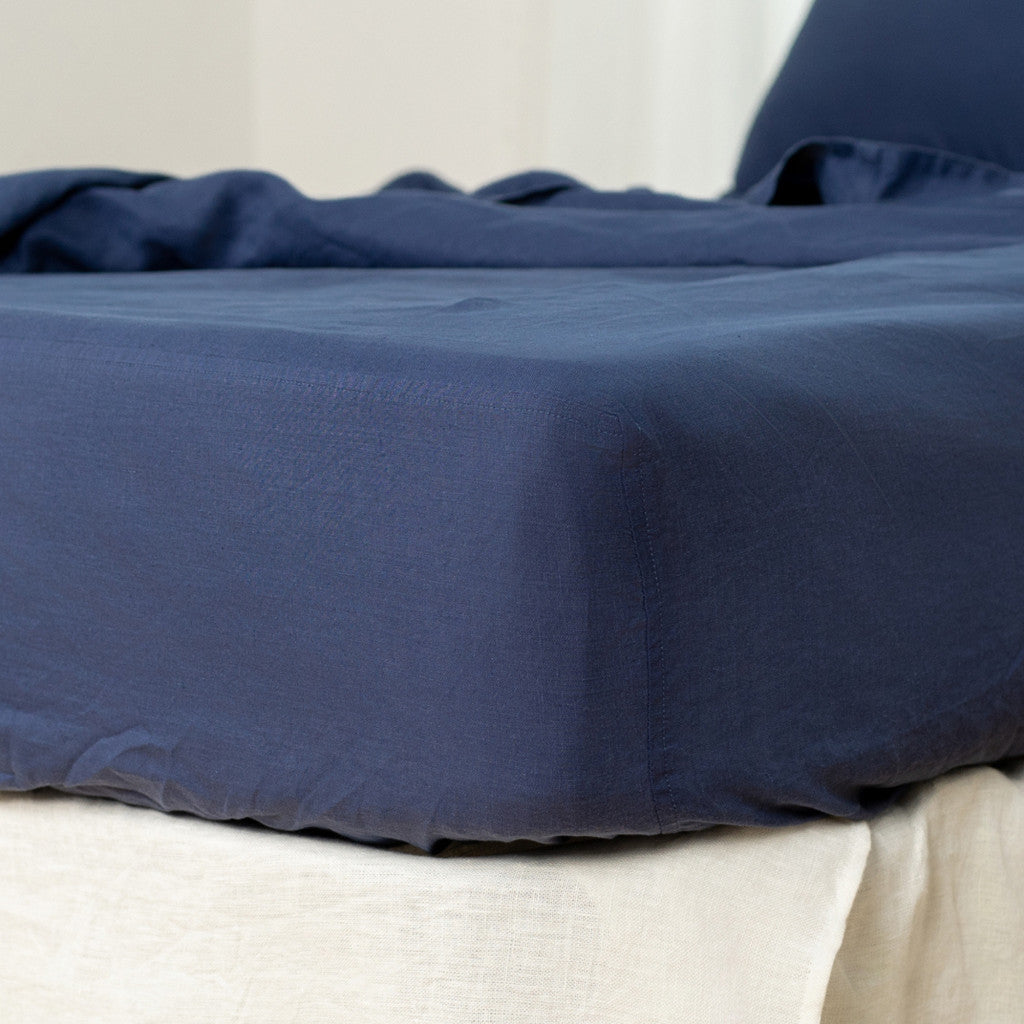 Navy Blue Linen King Fitted Sheet-Bed Sheets-DECOROLALA