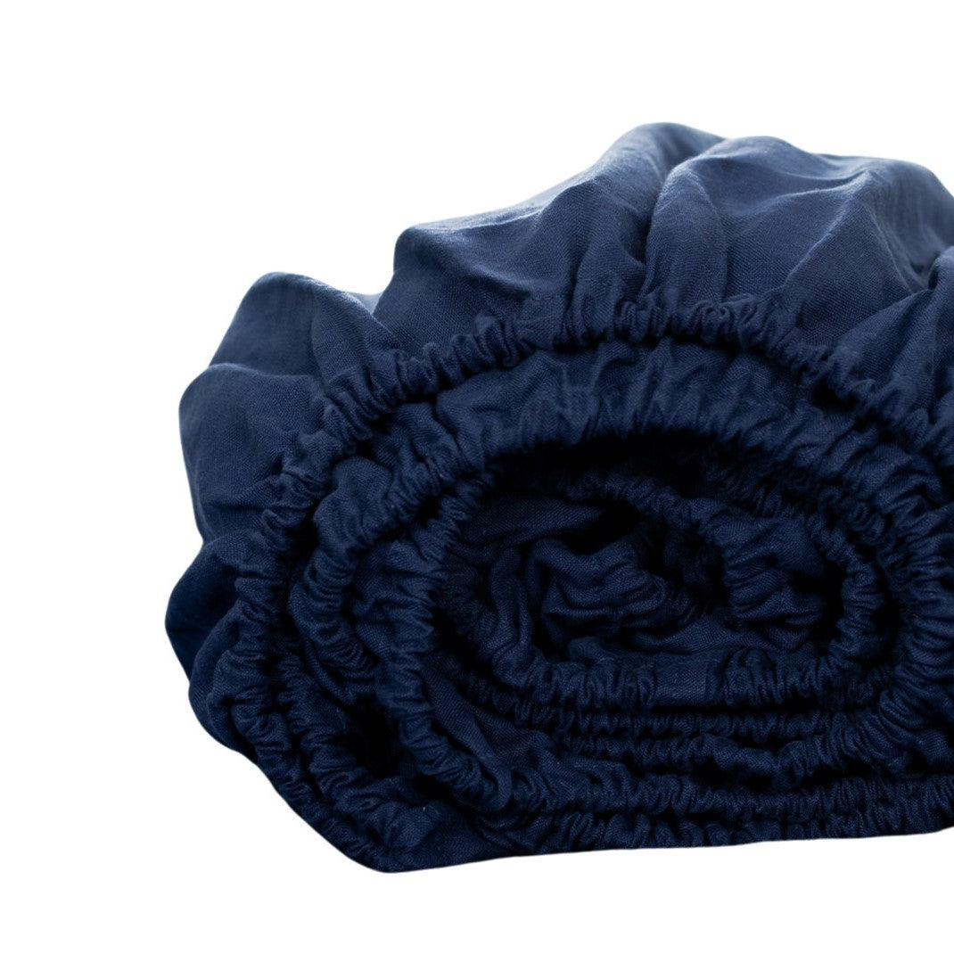Navy Blue Linen King Fitted Sheet-Bed Sheets-DECOROLALA