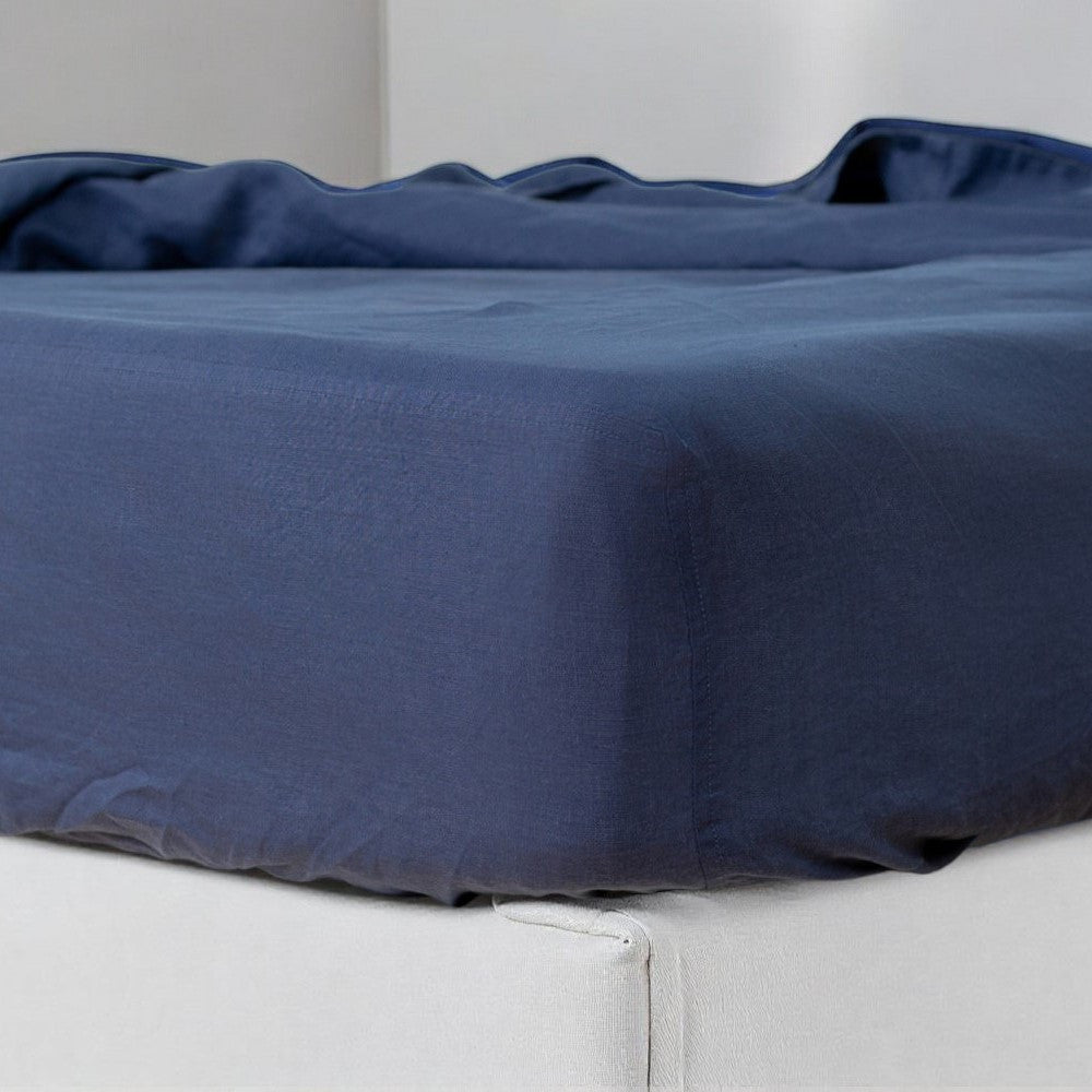 Navy Blue Linen King Fitted Sheet-Bed Sheets-DECOROLALA