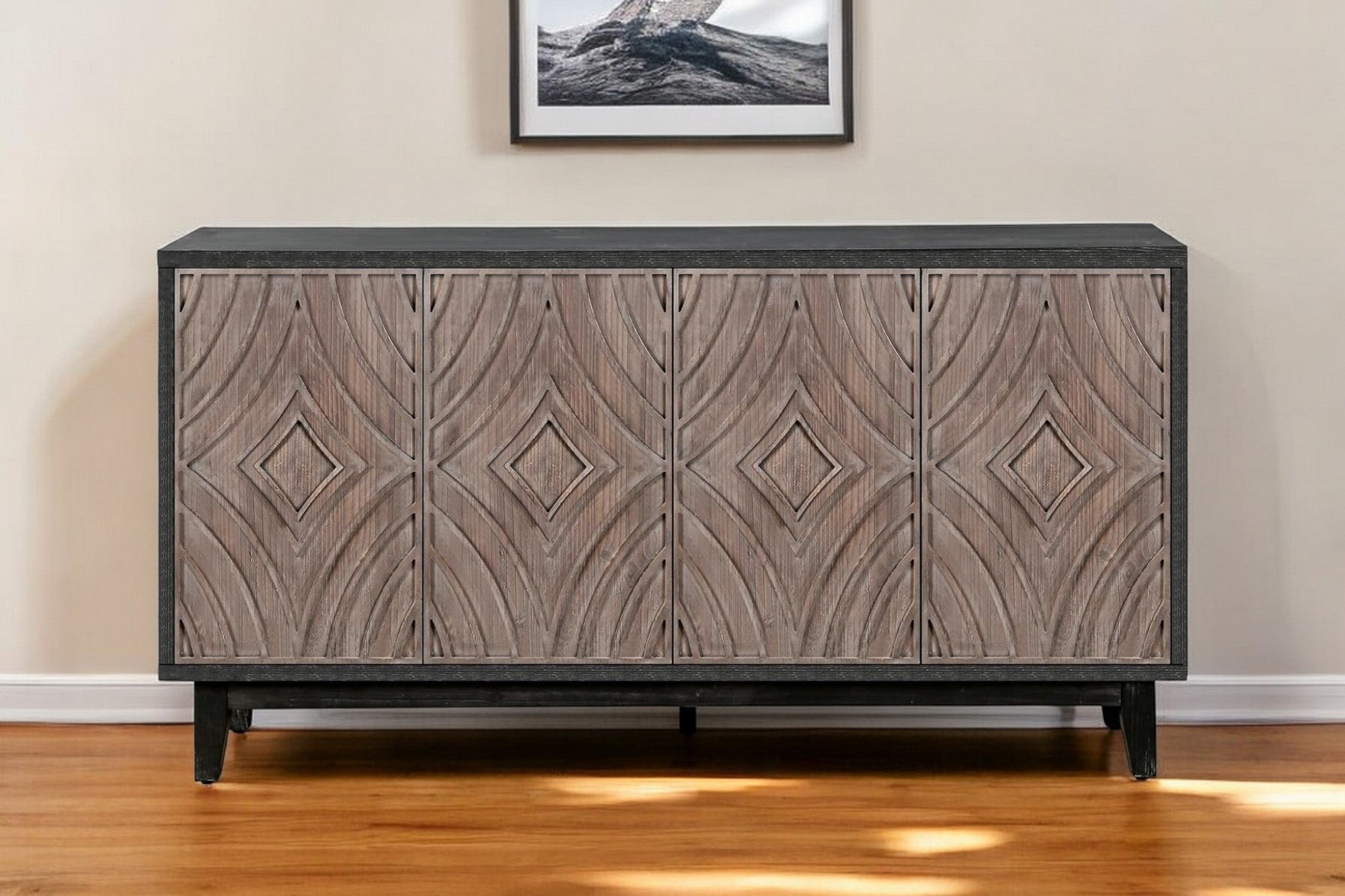 60" Charcoal and Brown Distressed Wood Sideboard with Four Doors-Sideboards-DECOROLALA