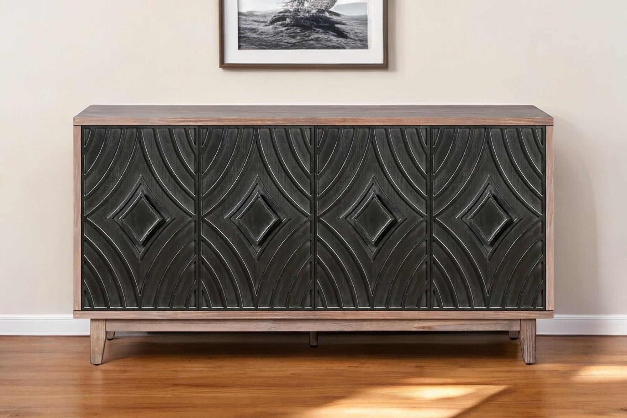 60" Brown and Charcoal Distressed Wood Sideboard with Four Doors-Sideboards-DECOROLALA