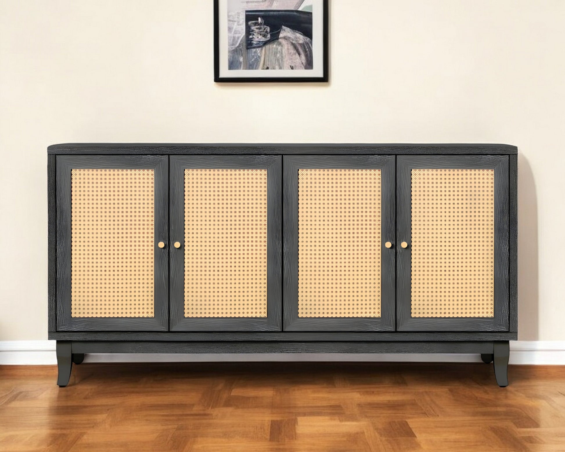 65" Charcoal and Natural Wood and Rattan Sideboard with Four Doors-Sideboards-DECOROLALA