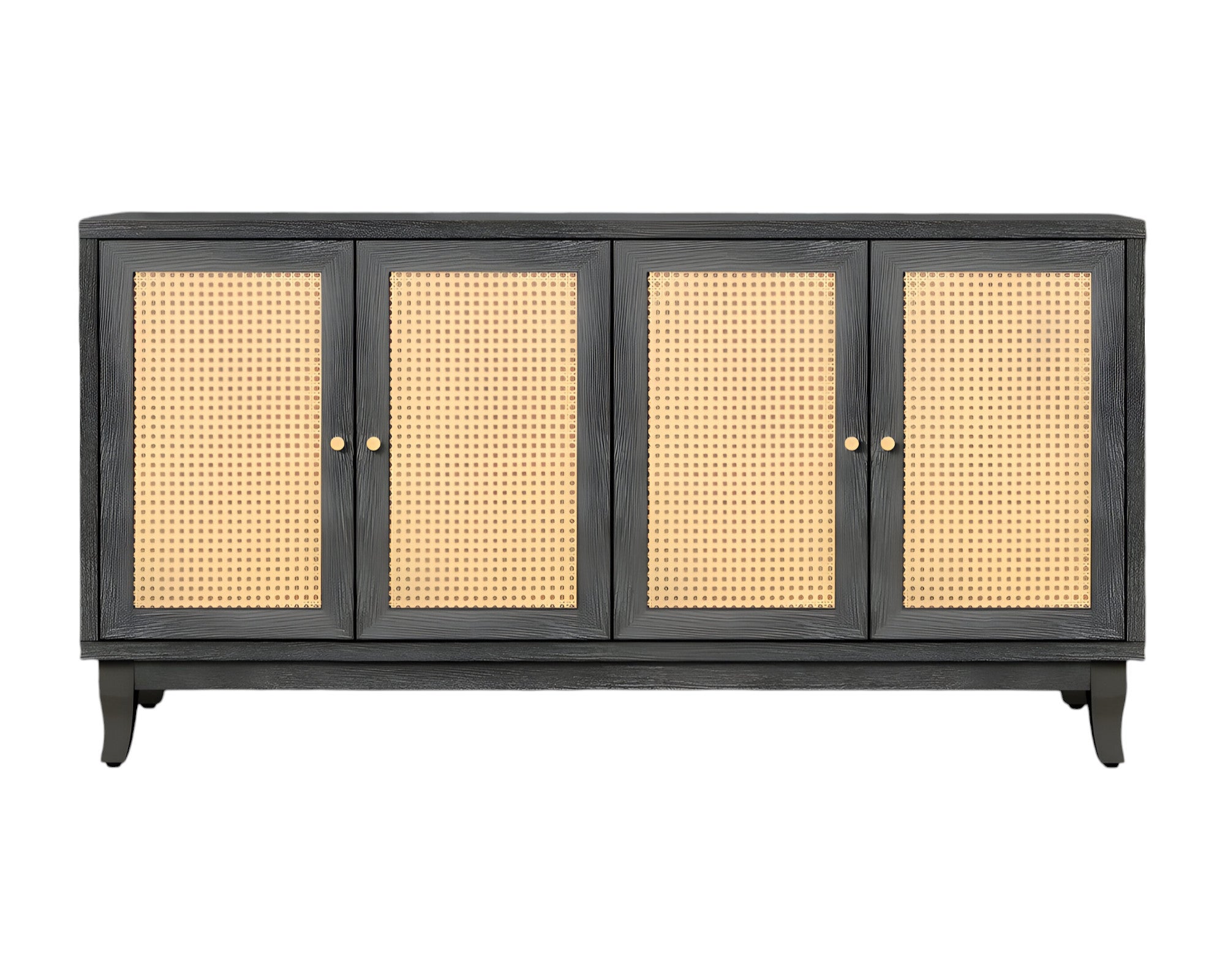 65" Charcoal and Natural Wood and Rattan Sideboard with Four Doors-Sideboards-DECOROLALA