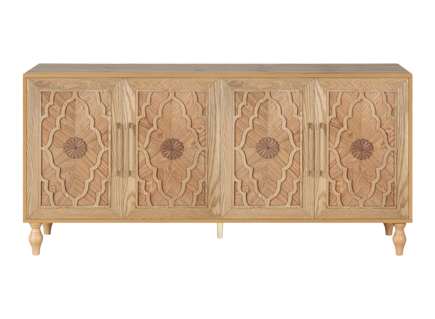 68" Natural Distressed Carved Geometric Sideboard with Four Doors-Sideboards-DECOROLALA