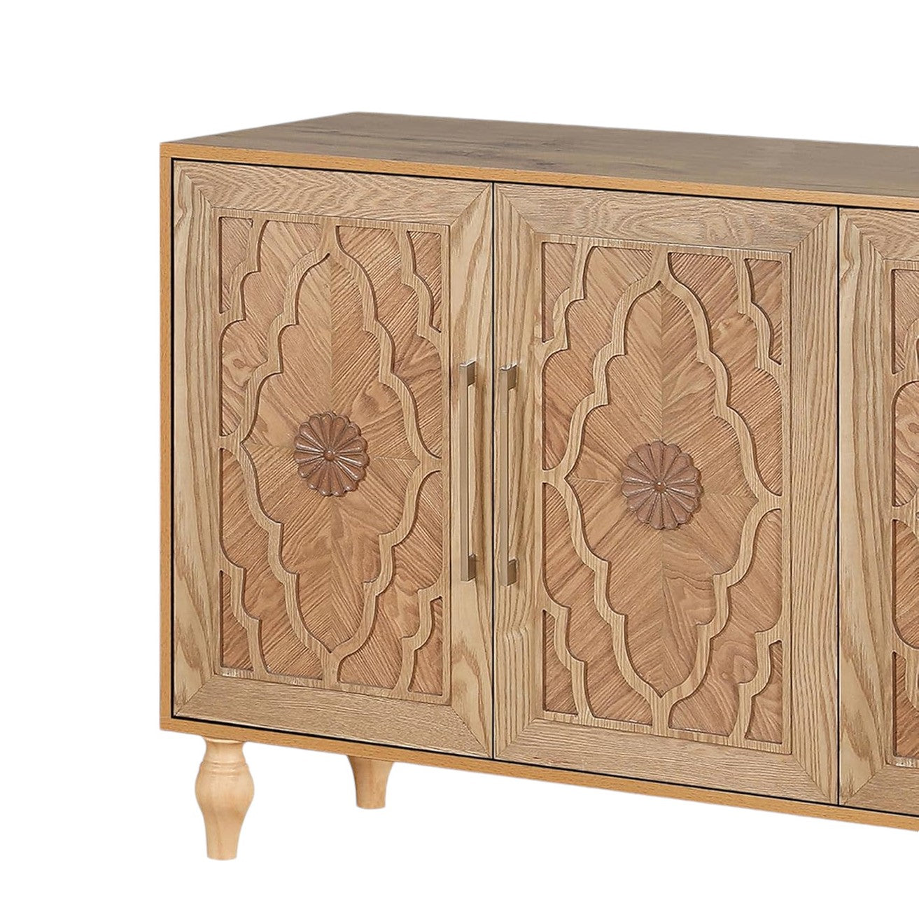 68" Natural Distressed Carved Geometric Sideboard with Four Doors-Sideboards-DECOROLALA
