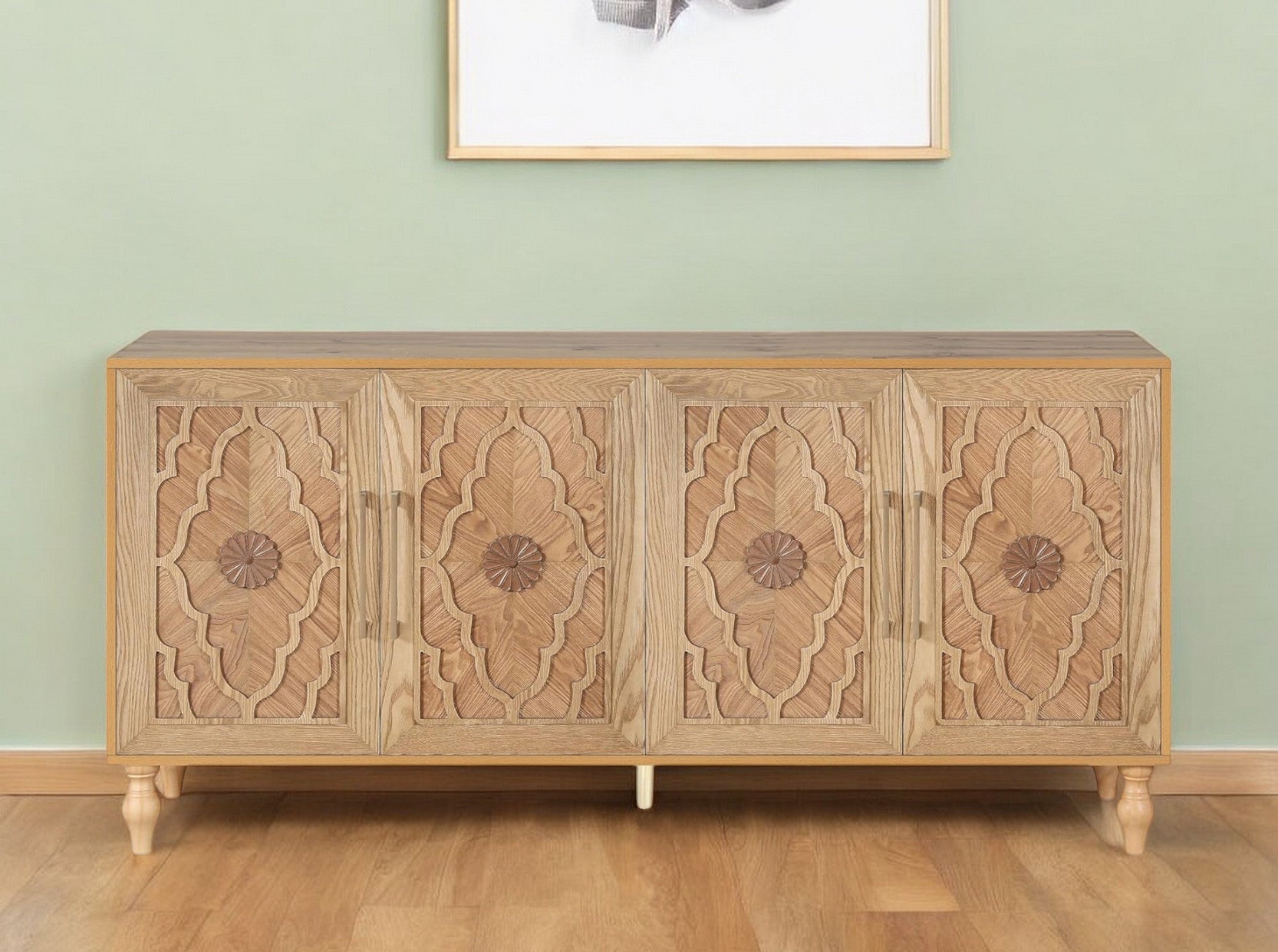 68" Natural Distressed Carved Geometric Sideboard with Four Doors-Sideboards-DECOROLALA