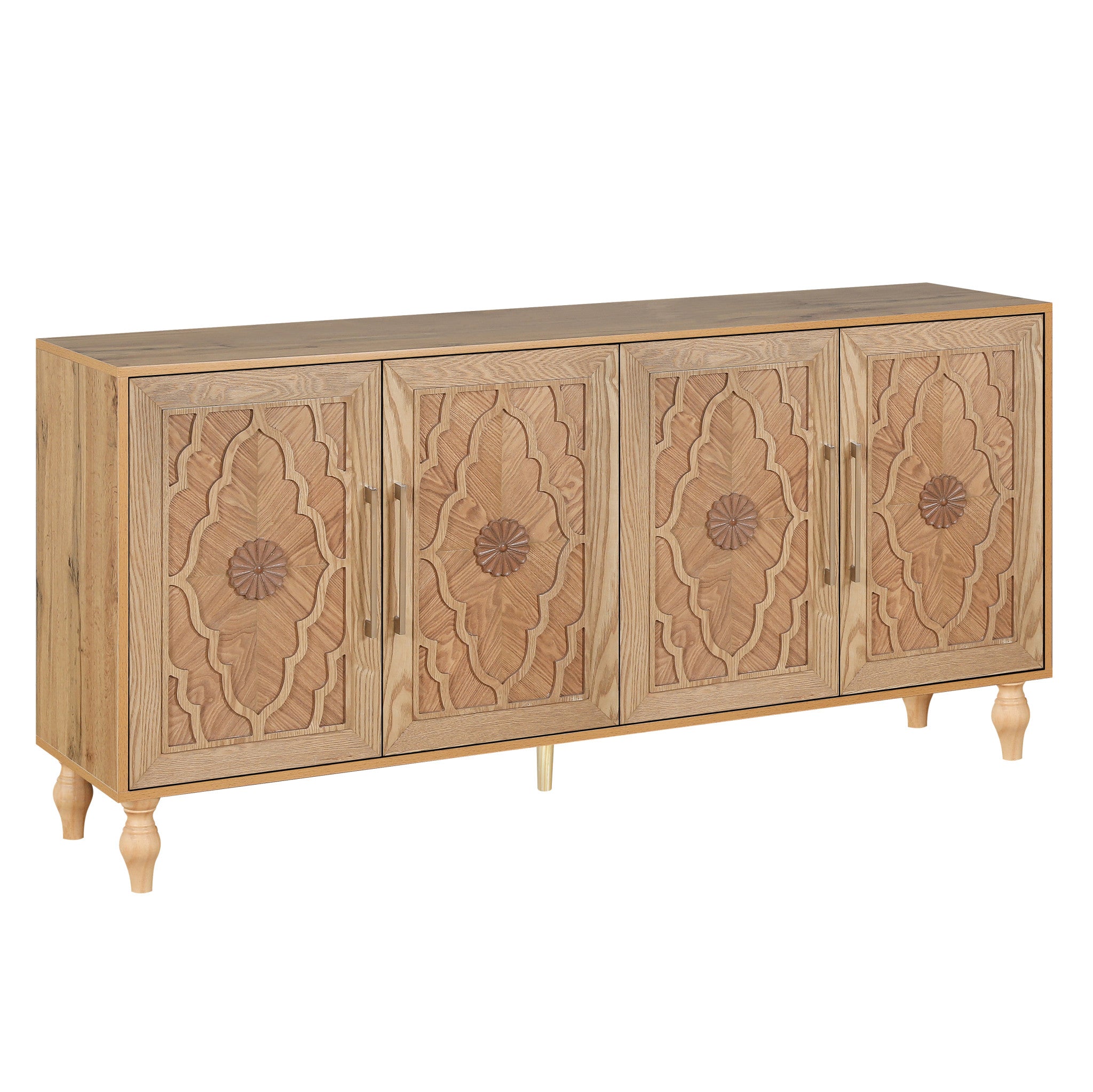 68" Natural Distressed Carved Geometric Sideboard with Four Doors-Sideboards-DECOROLALA