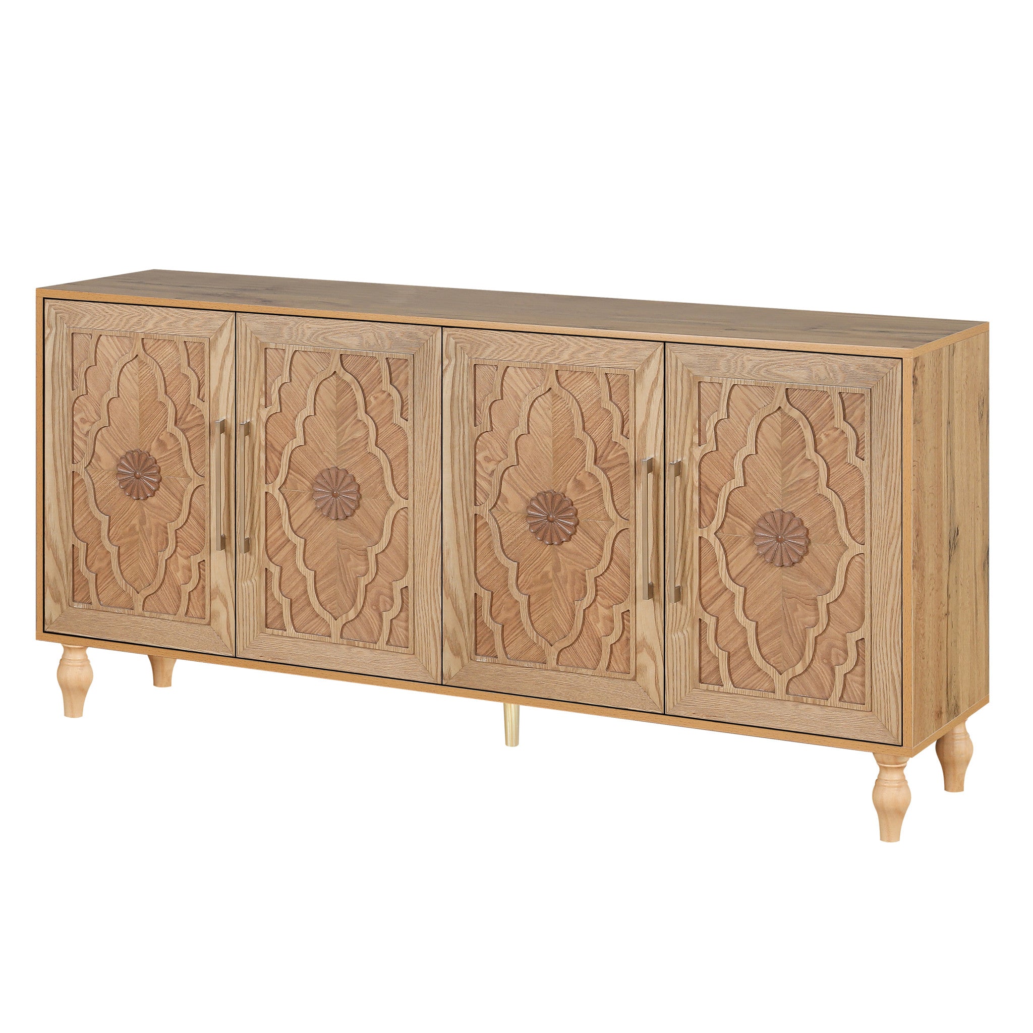 68" Natural Distressed Carved Geometric Sideboard with Four Doors-Sideboards-DECOROLALA