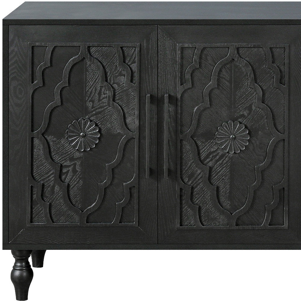 68" Black Distressed Carved Floral Sideboard with Four Doors-Sideboards-DECOROLALA