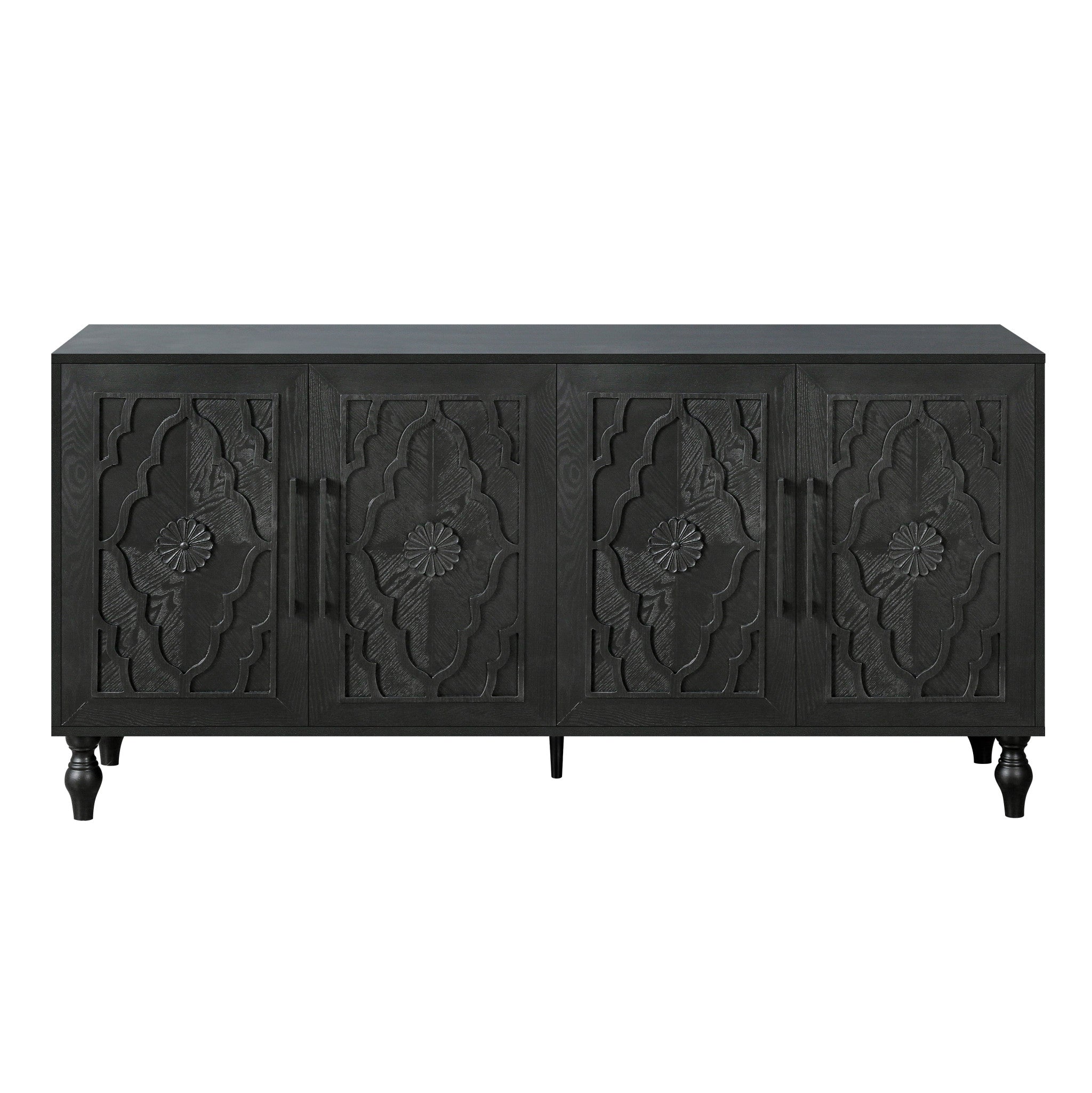 68" Black Distressed Carved Floral Sideboard with Four Doors-Sideboards-DECOROLALA