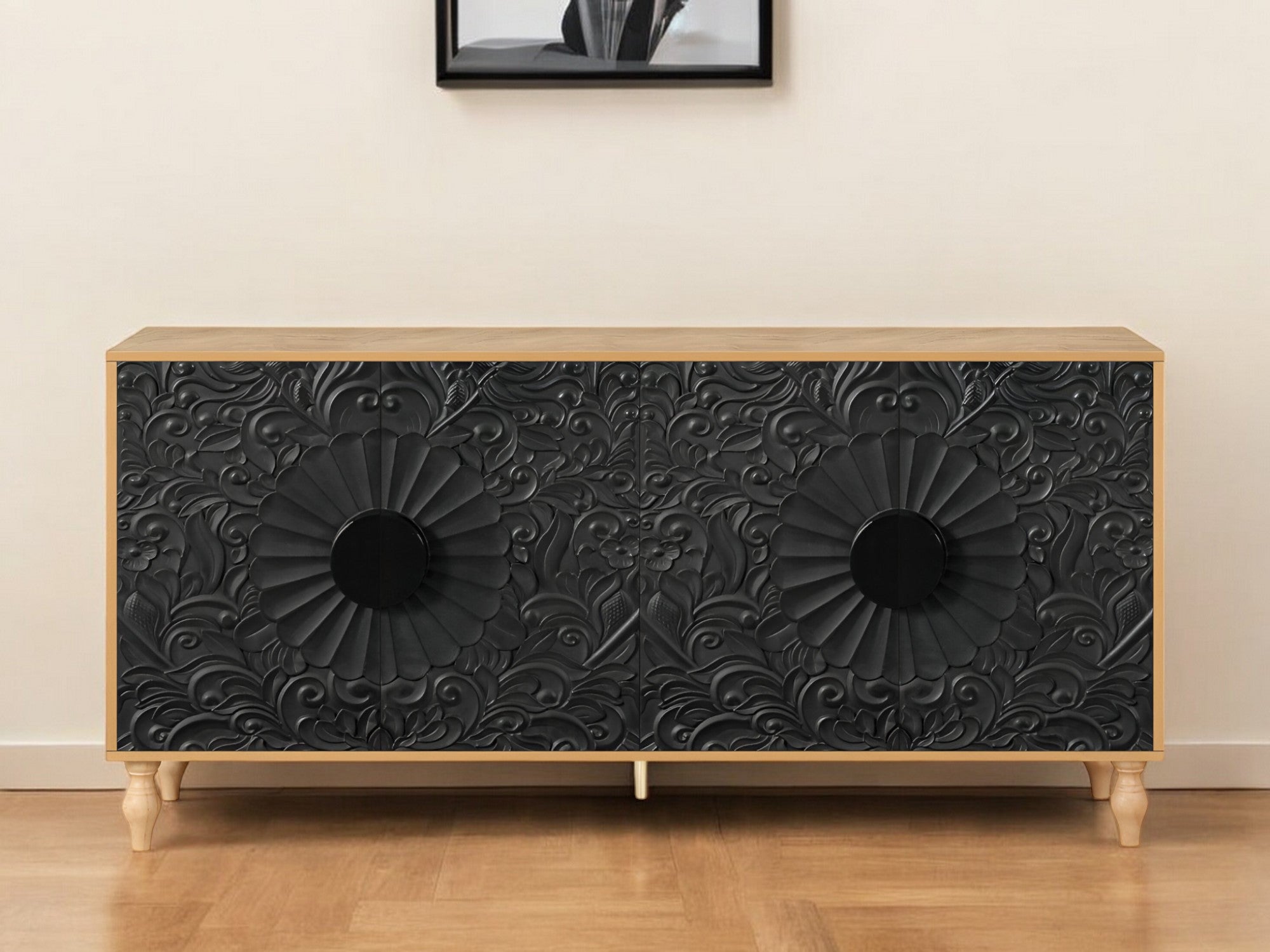 68" Natural and Black Distressed Carved Floral Sideboard with Four Doors-Sideboards-DECOROLALA