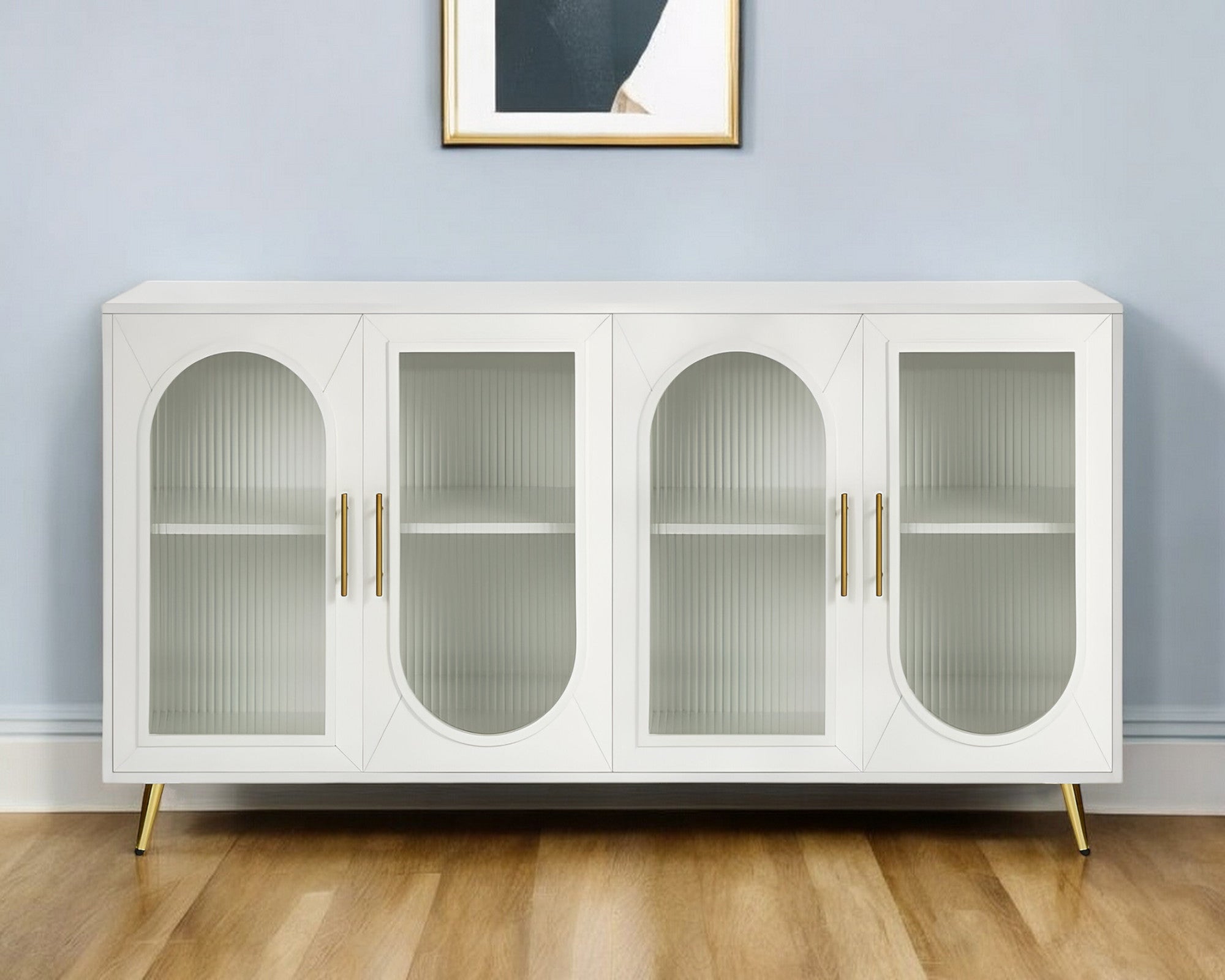 60" White Ribbed Texture Wood And Glass Sideboard with Four Doors-Sideboards-DECOROLALA