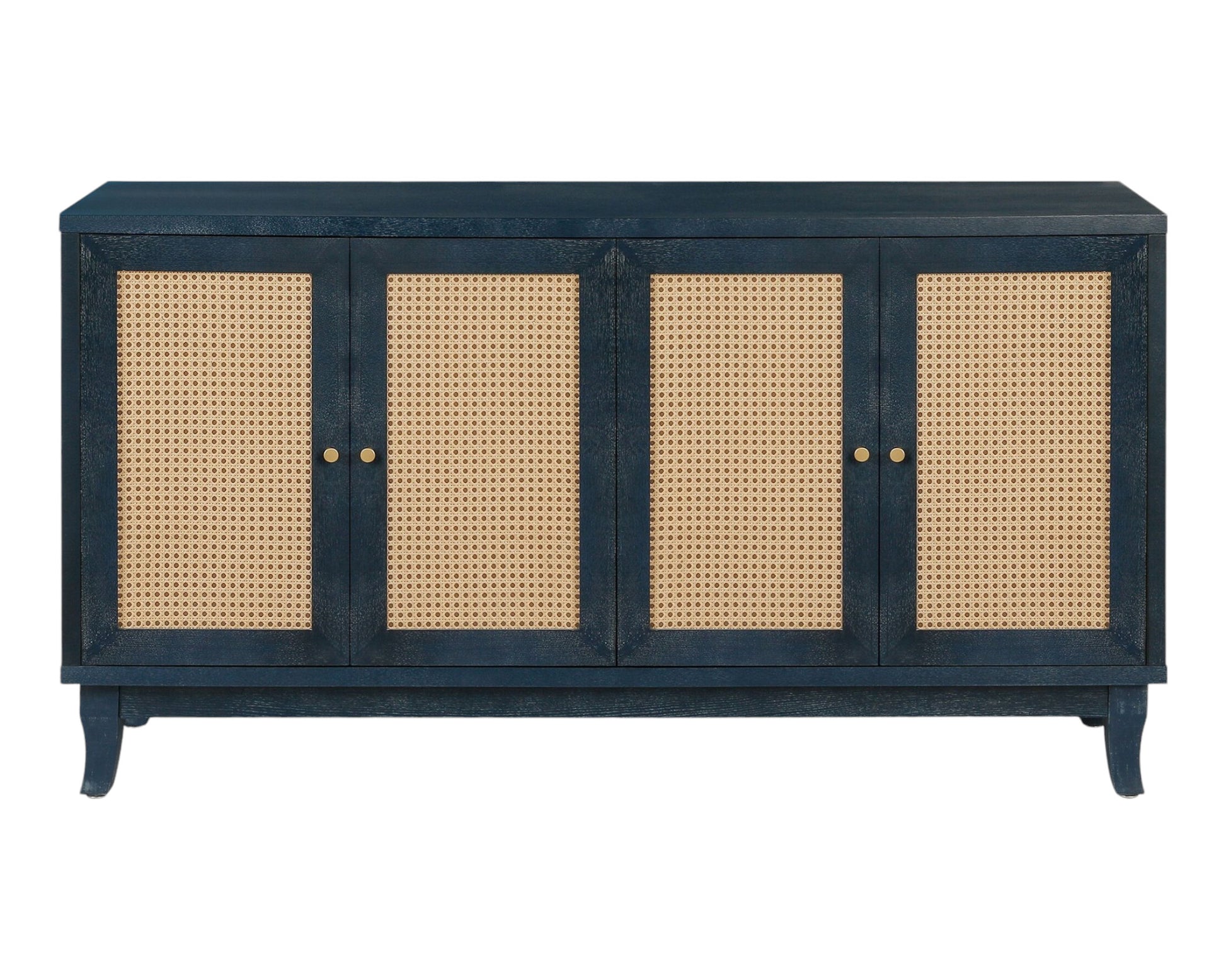 60" Blue Wood And Rattan Distressed Sideboard with Four Doors-Sideboards-DECOROLALA
