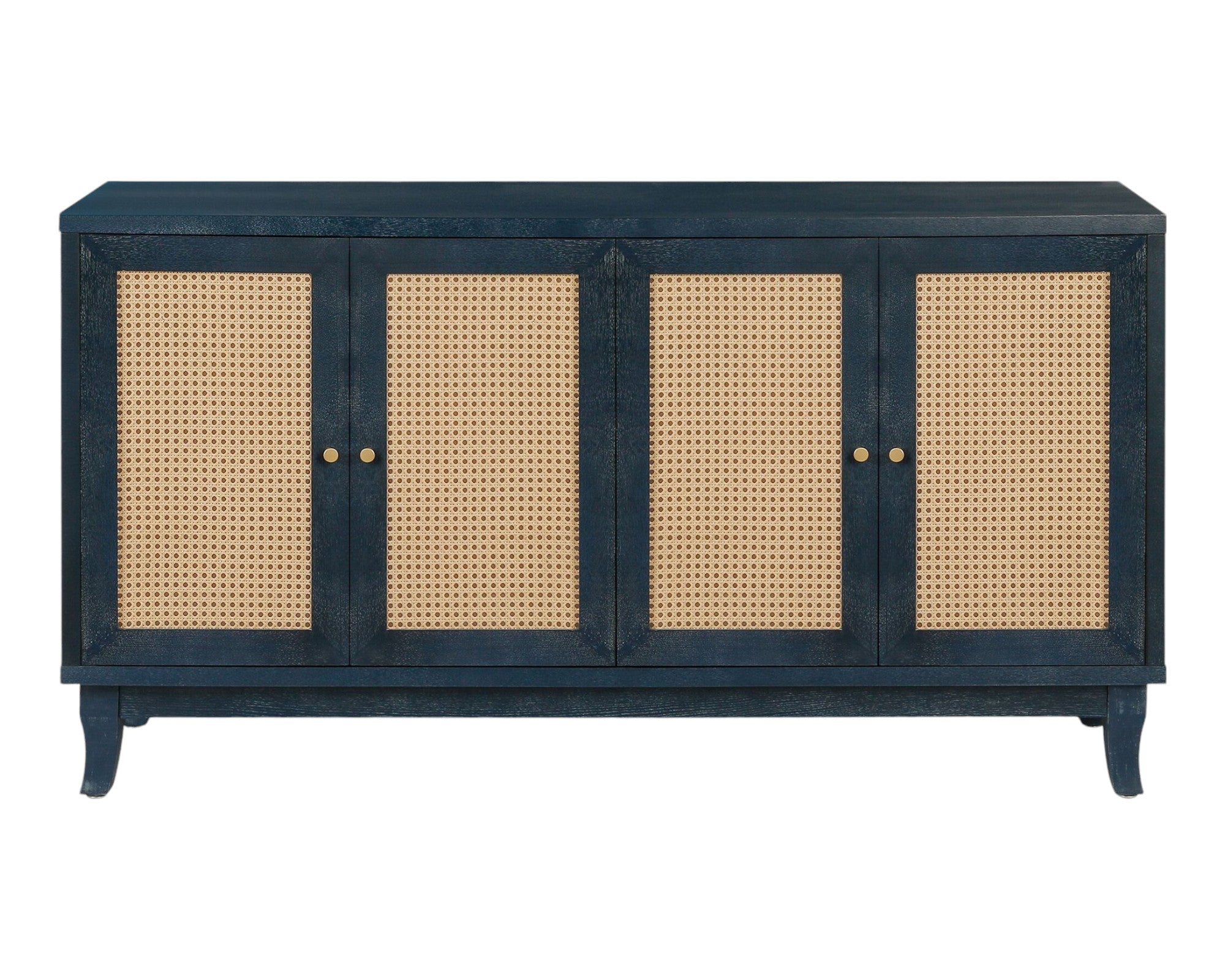 60" Blue Wood And Rattan Distressed Sideboard with Four Doors-Sideboards-DECOROLALA