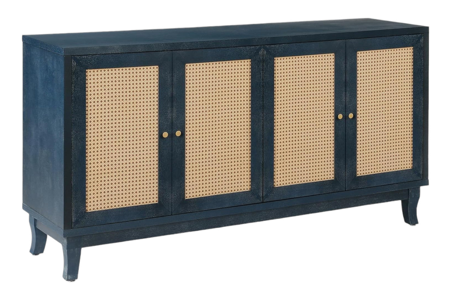 60" Blue Wood And Rattan Distressed Sideboard with Four Doors-Sideboards-DECOROLALA