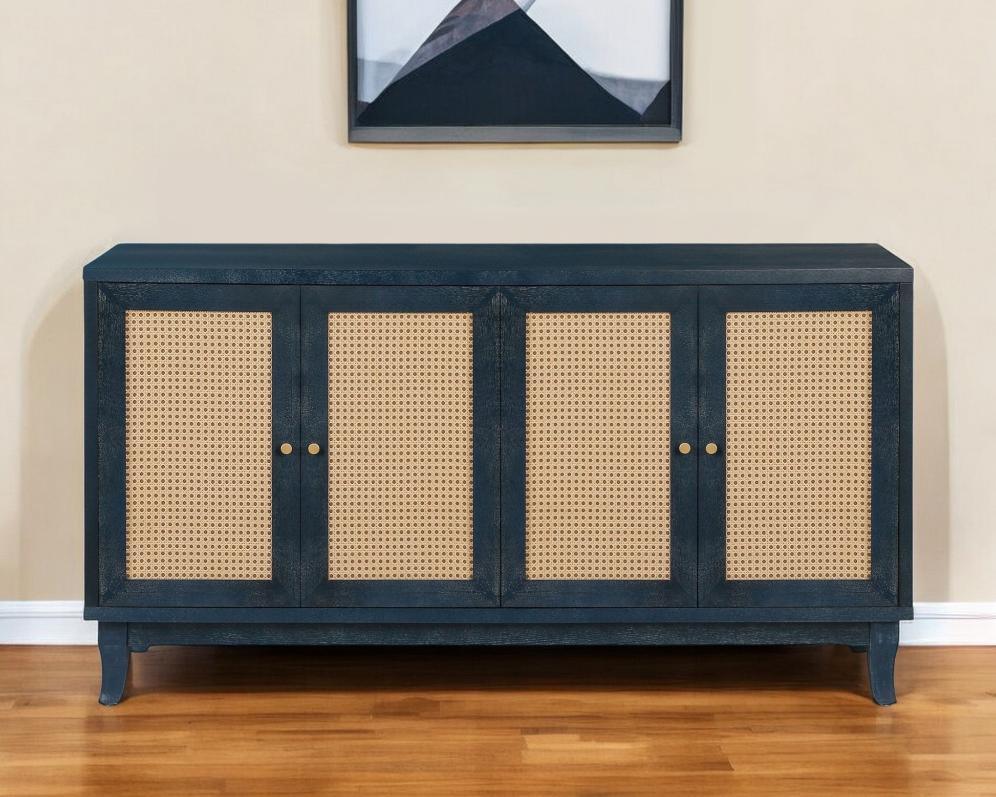 60" Blue Wood And Rattan Distressed Sideboard with Four Doors-Sideboards-DECOROLALA