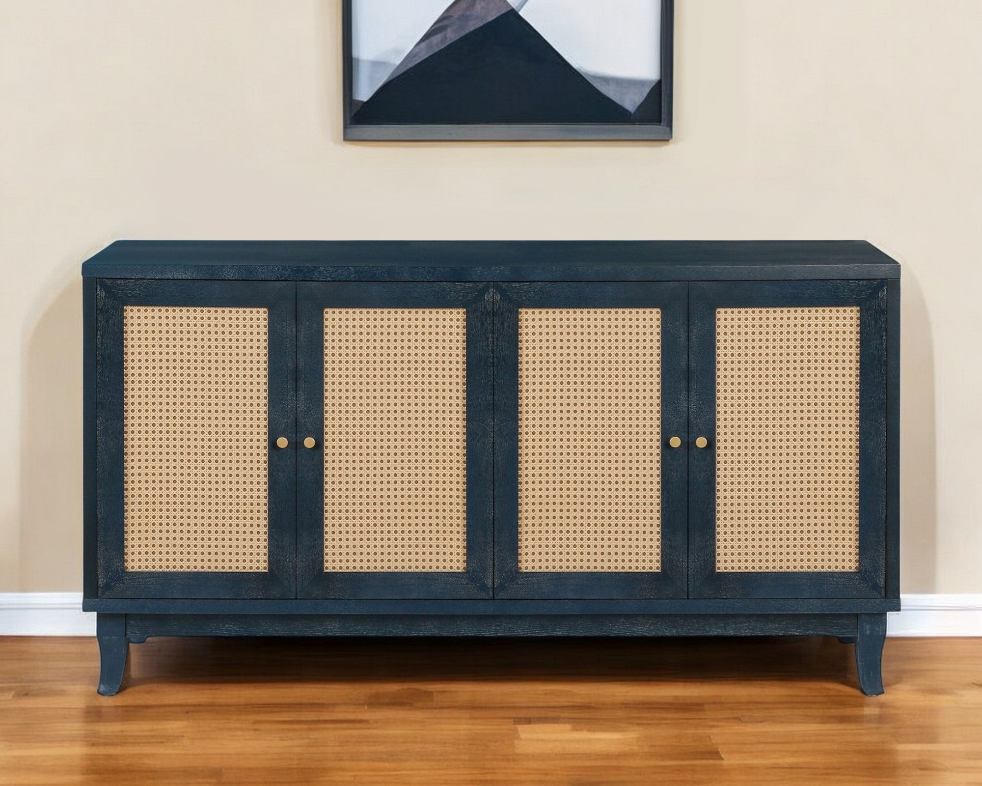 60" Blue Wood And Rattan Distressed Sideboard with Four Doors-Sideboards-DECOROLALA