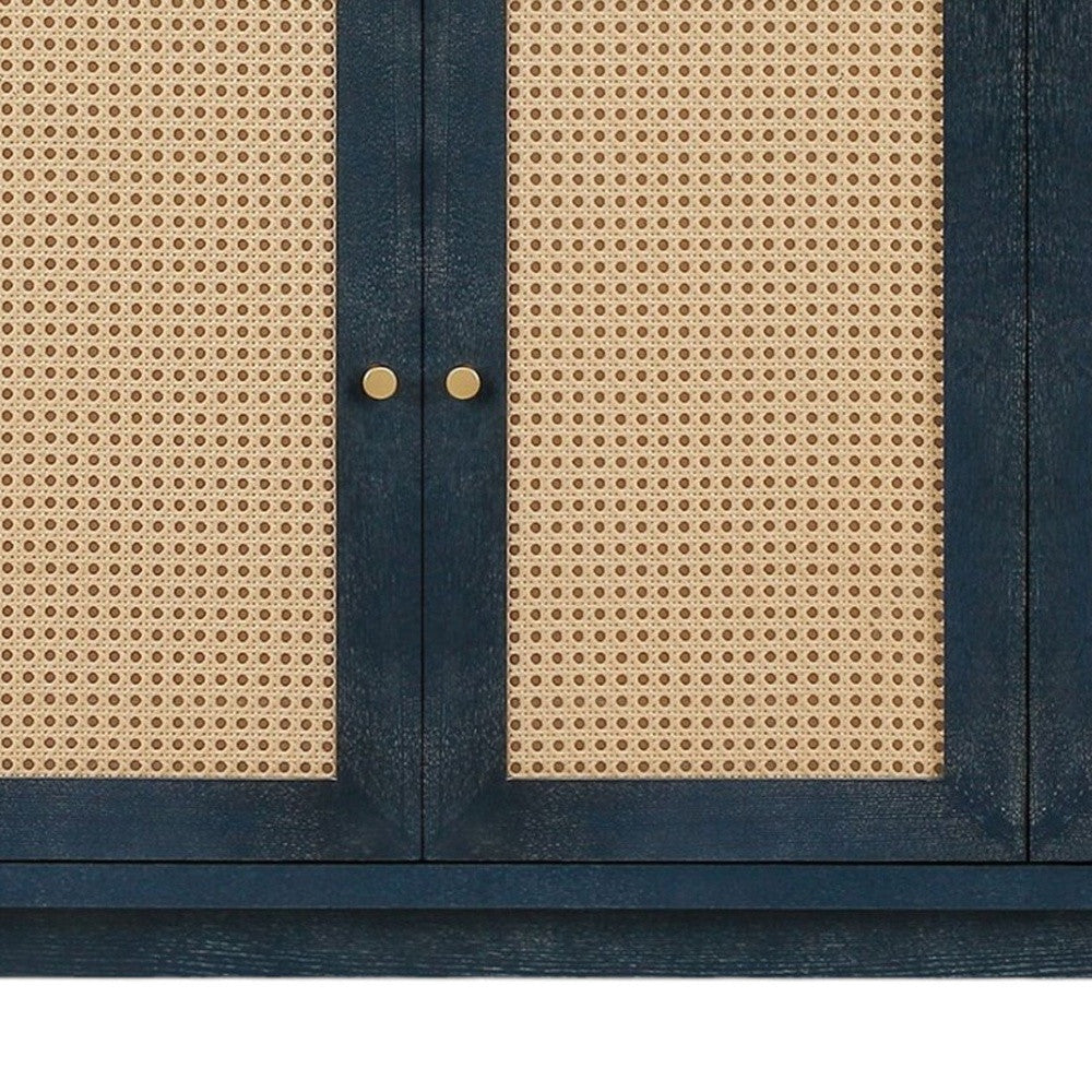60" Blue Wood And Rattan Distressed Sideboard with Four Doors-Sideboards-DECOROLALA