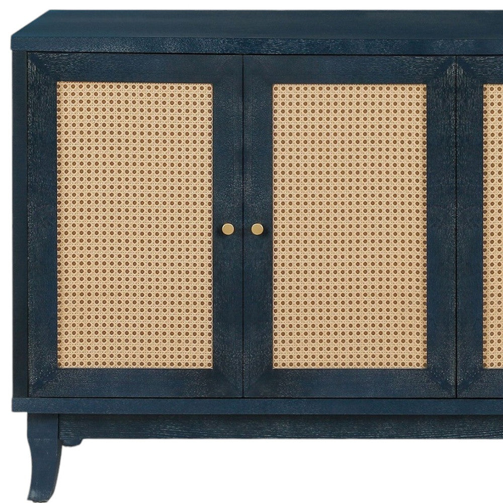 60" Blue Wood And Rattan Distressed Sideboard with Four Doors-Sideboards-DECOROLALA