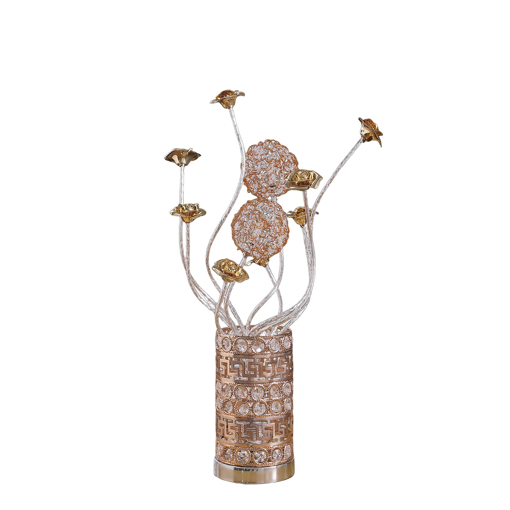 22" Silver And Rose Gold Metal And Acrylic Flowers Bedside Lamp-Table Lamps-DECOROLALA