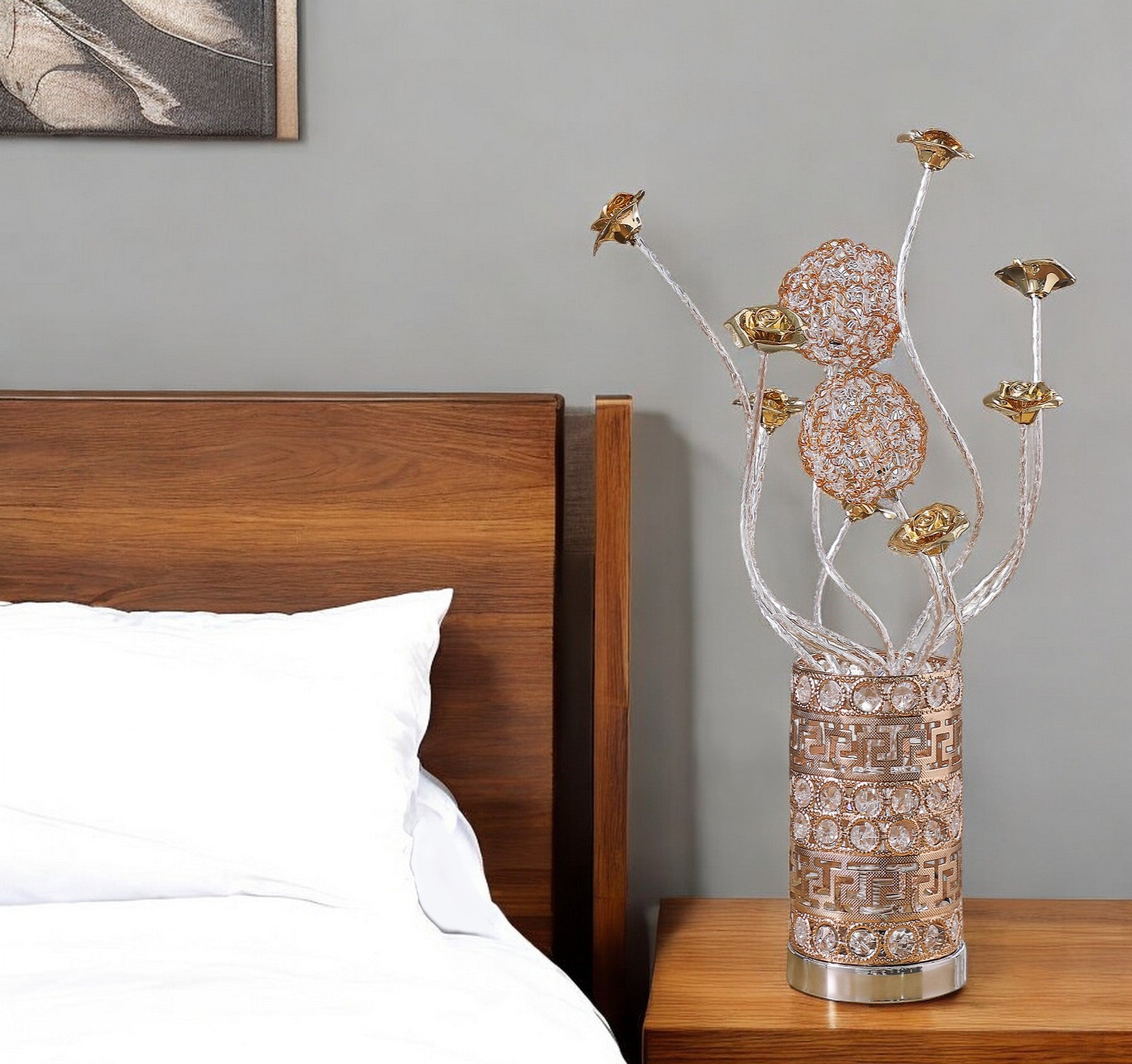 22" Silver And Rose Gold Metal And Acrylic Flowers Bedside Lamp-Table Lamps-DECOROLALA