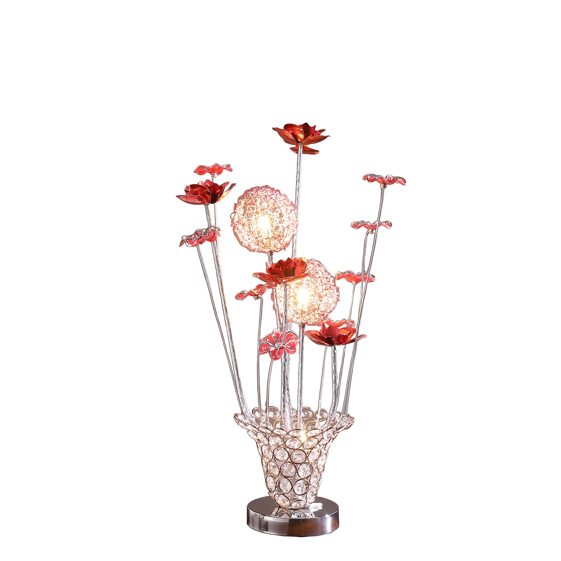 21" Silver and Clear Metal and Faux Crystal Red Roses Bedside Lamp-Table Lamps-DECOROLALA