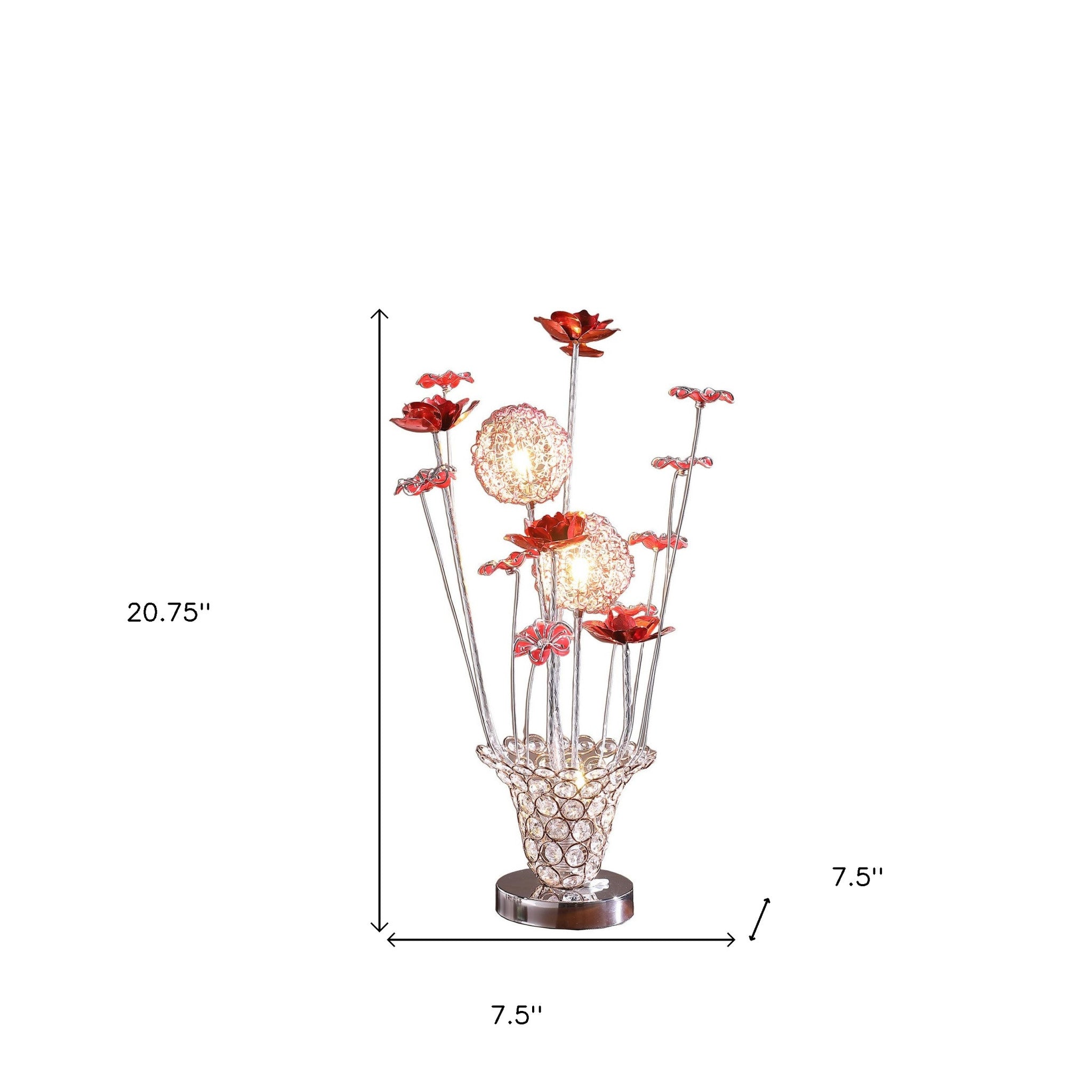 21" Silver and Clear Metal and Faux Crystal Red Roses Bedside Lamp-Table Lamps-DECOROLALA