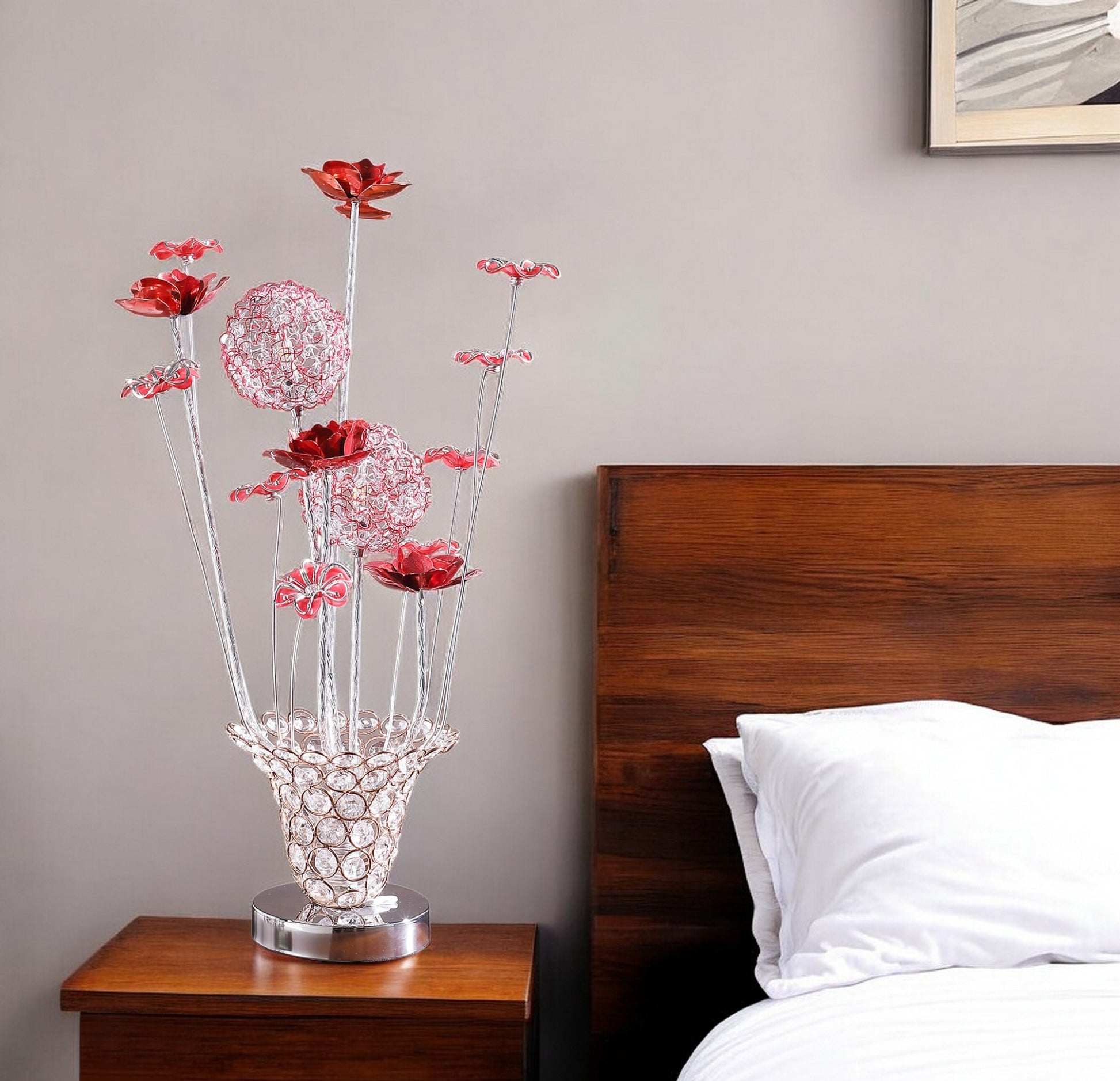 21" Silver and Clear Metal and Faux Crystal Red Roses Bedside Lamp-Table Lamps-DECOROLALA