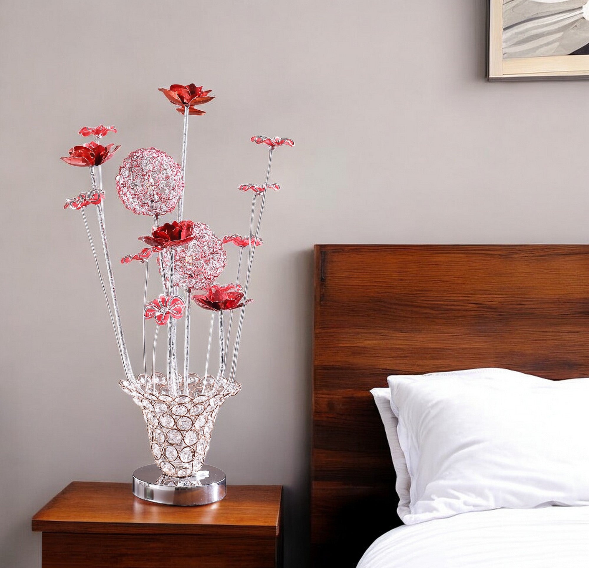21" Silver and Clear Metal and Faux Crystal Red Roses Bedside Lamp-Table Lamps-DECOROLALA