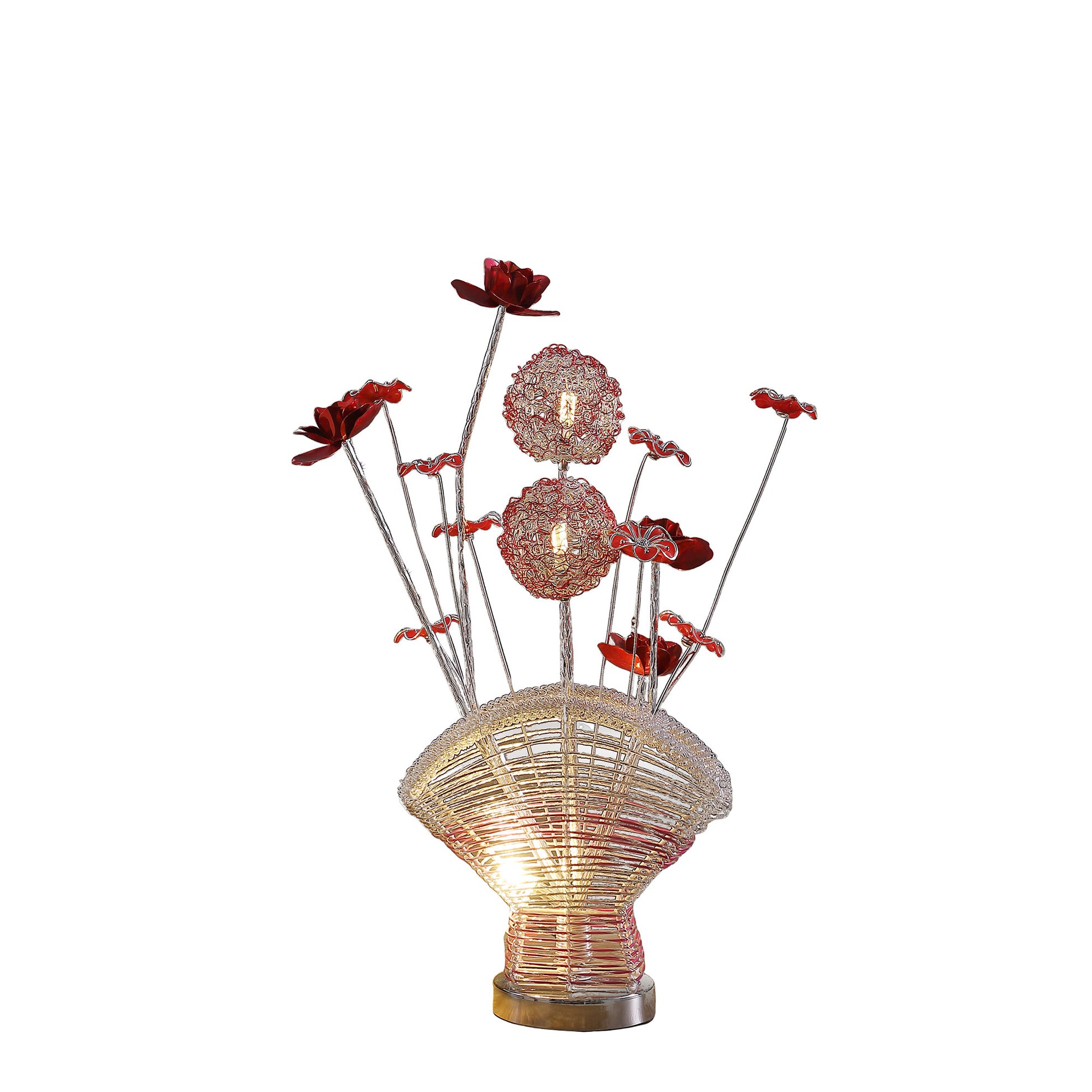 22" Silver and Clear Metal and Acrylic Red Rose Bedside Lamp-Table Lamps-DECOROLALA
