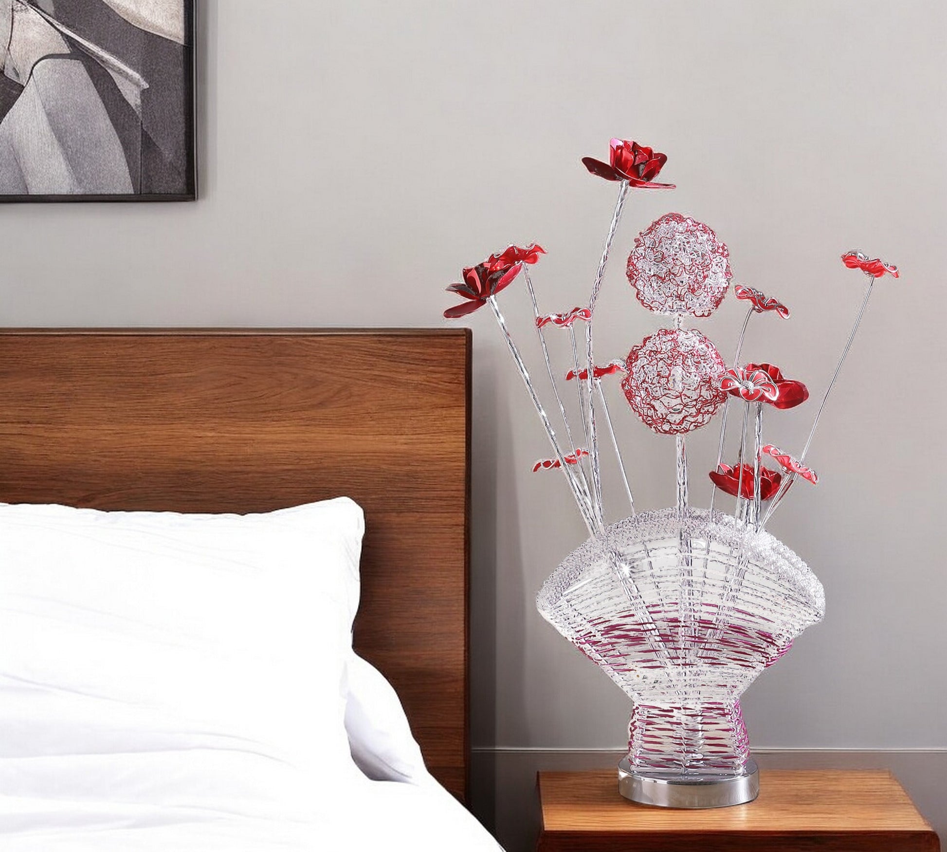 22" Silver and Clear Metal and Acrylic Red Rose Bedside Lamp-Table Lamps-DECOROLALA