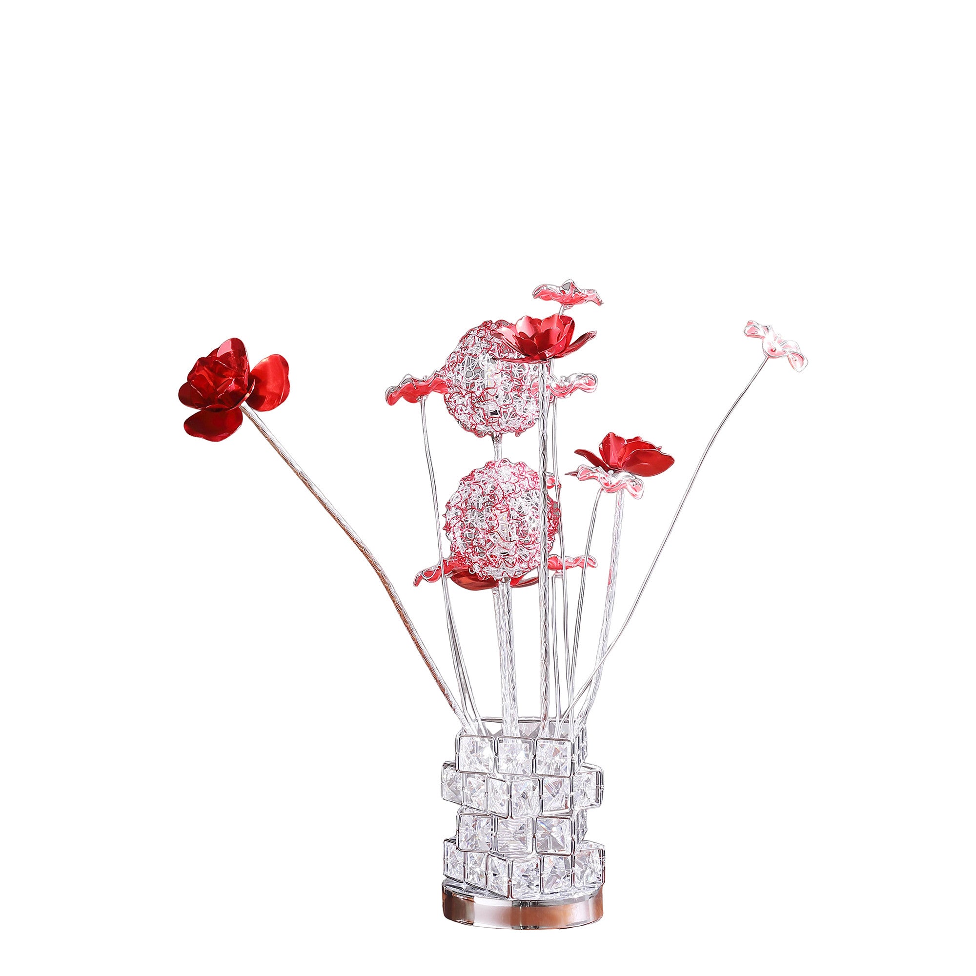 21" Silver and Clear Metal and Faux Crystal Geometric And Roses Bedside Lamp-Table Lamps-DECOROLALA