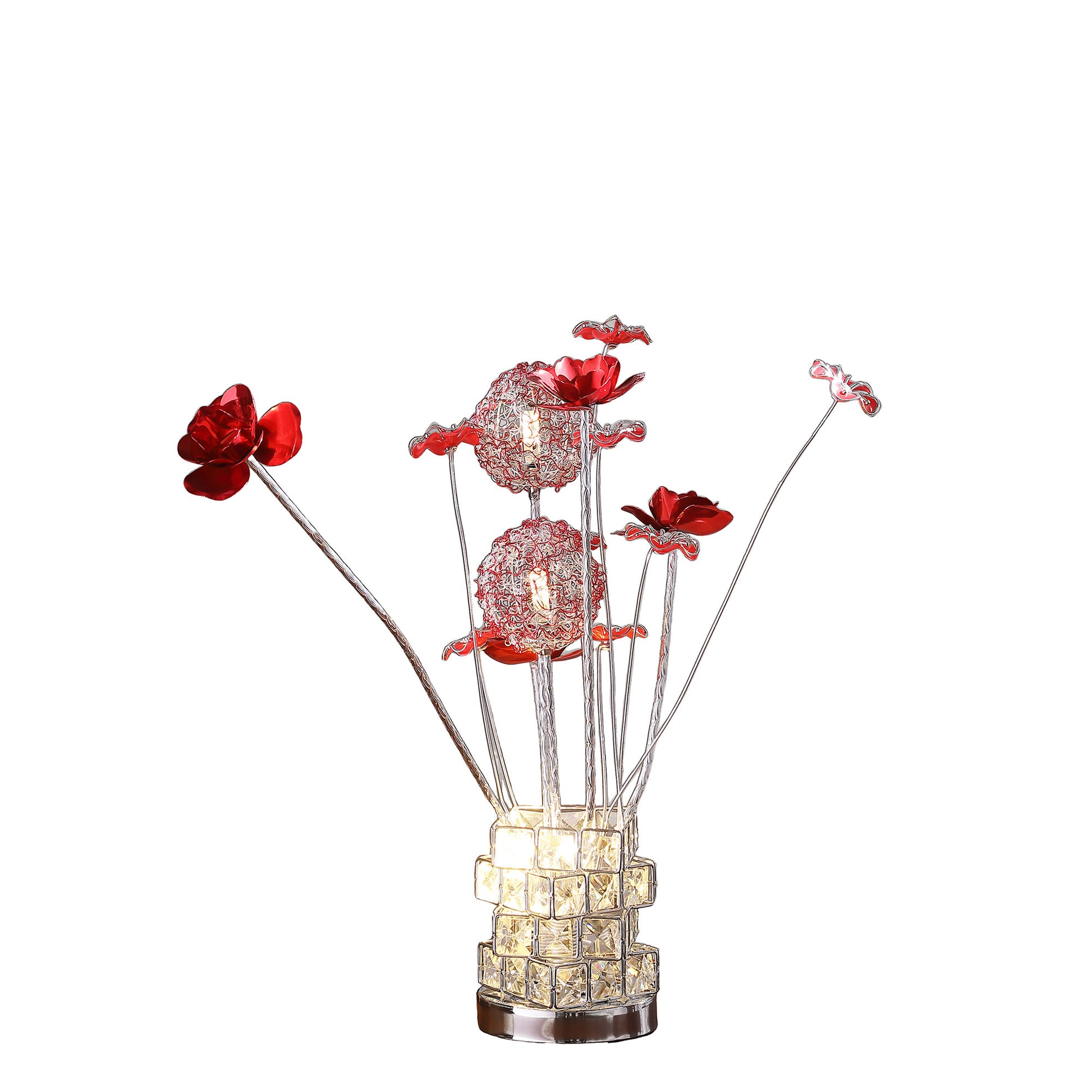 21" Silver and Clear Metal and Faux Crystal Geometric And Roses Bedside Lamp-Table Lamps-DECOROLALA