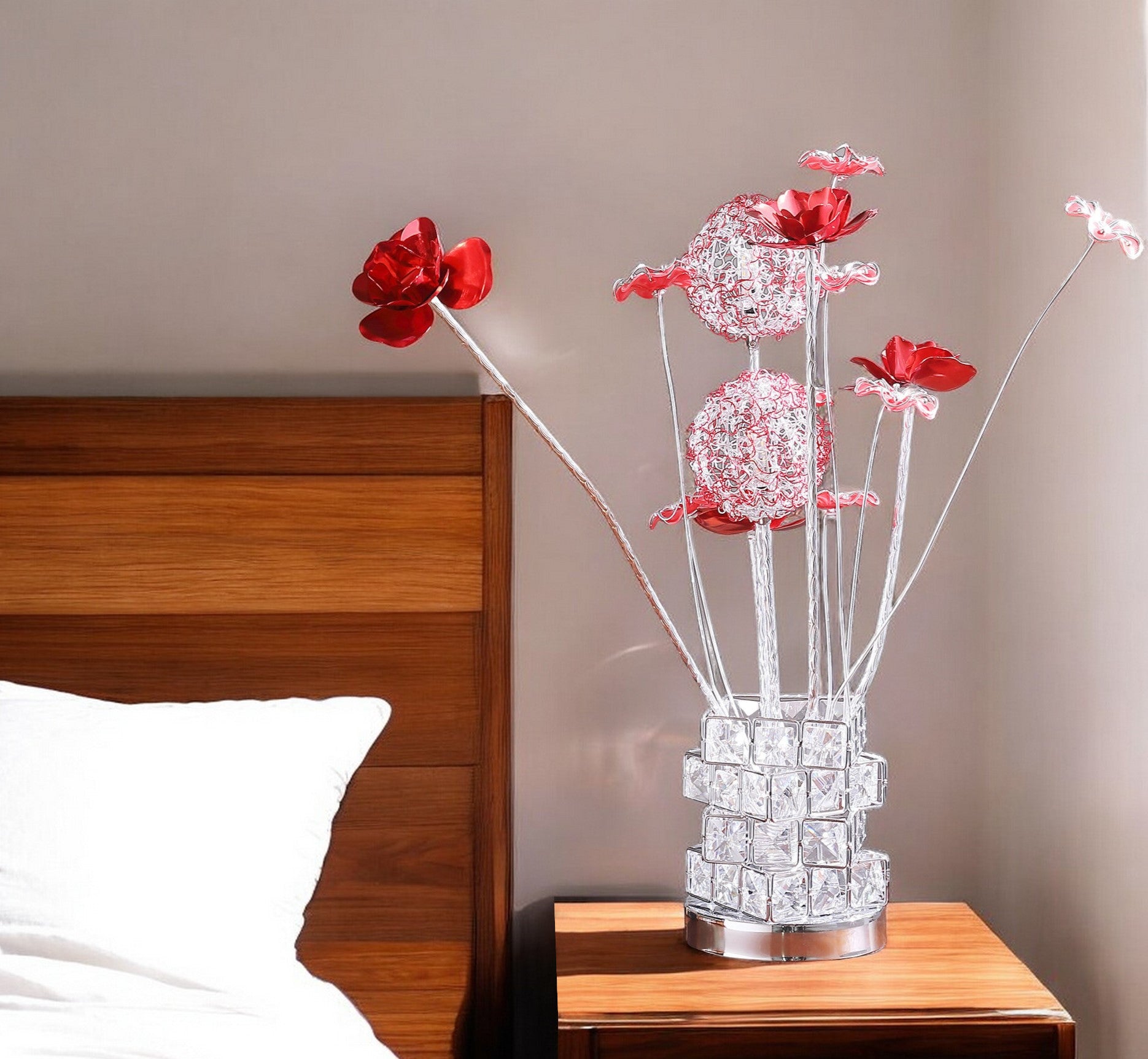 21" Silver and Clear Metal and Faux Crystal Geometric And Roses Bedside Lamp-Table Lamps-DECOROLALA